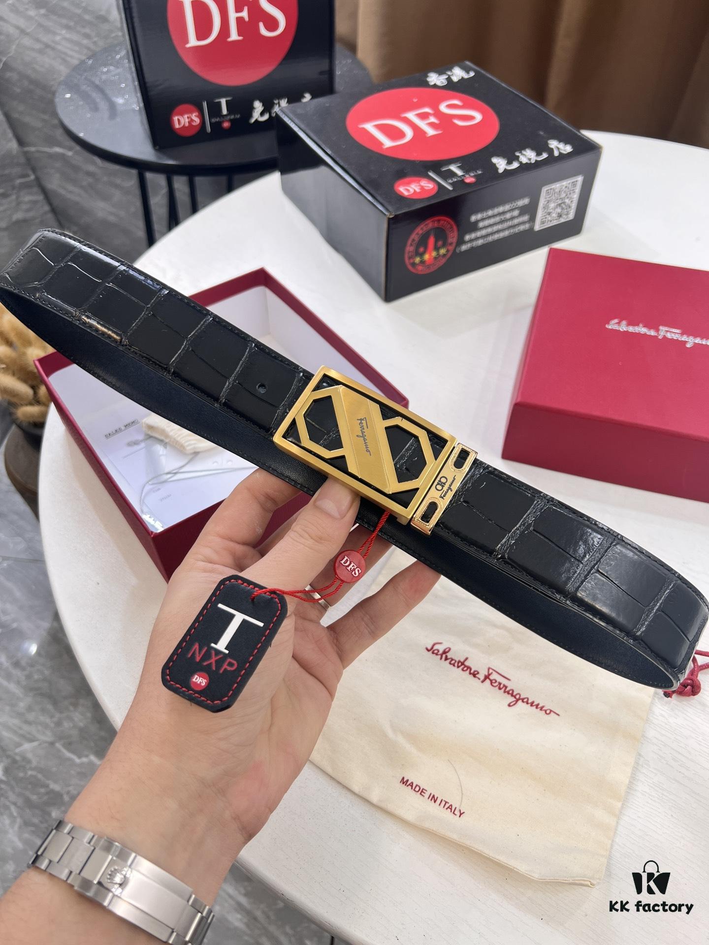 693200343a89a121ed54fe30 Top-Tier Salvatore Ferragamo Belt, Hong Kong Duty-Free Gift Box, Original 8-Shaped Hardware, Full-Grain Calfskin with Crocodile Texture, German-Made Precision Craftsmanship