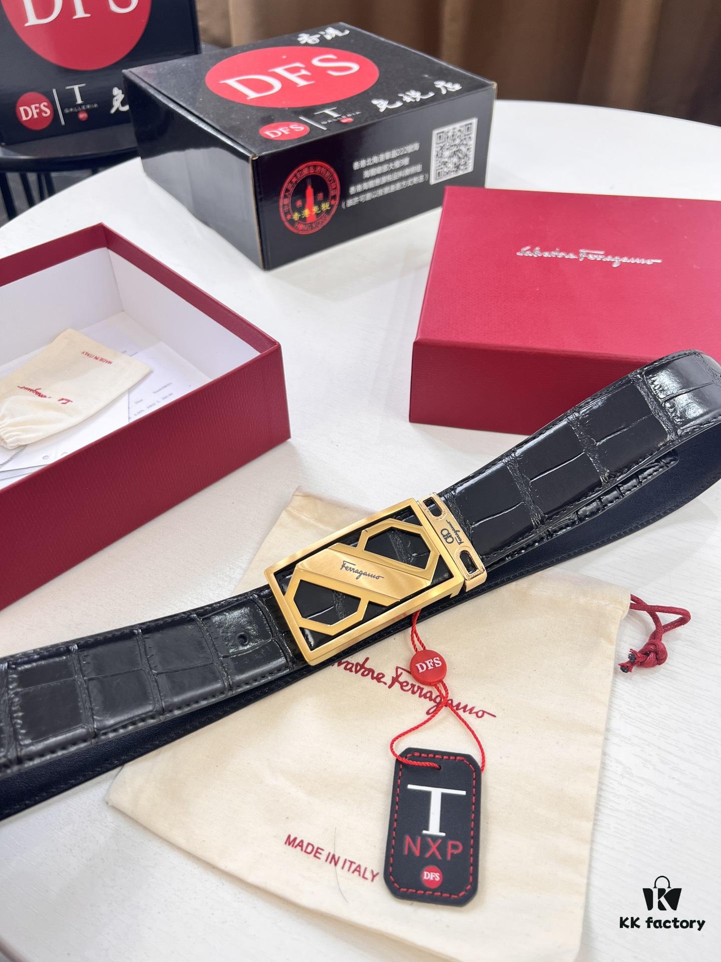 693200343a89a121ed54fe31 Top-Tier Salvatore Ferragamo Belt, Hong Kong Duty-Free Gift Box, Original 8-Shaped Hardware, Full-Grain Calfskin with Crocodile Texture, German-Made Precision Craftsmanship