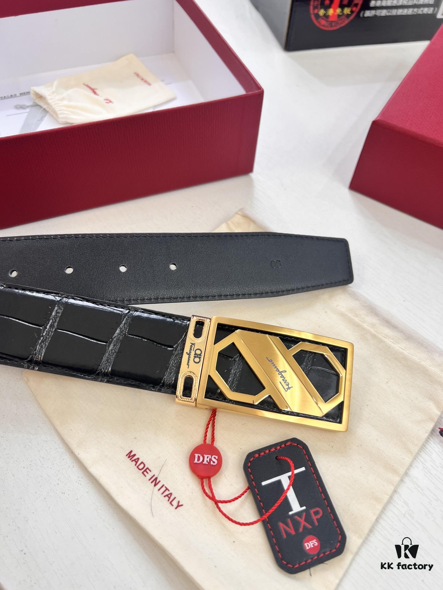 693200343a89a121ed54fe32 Top-Tier Salvatore Ferragamo Belt, Hong Kong Duty-Free Gift Box, Original 8-Shaped Hardware, Full-Grain Calfskin with Crocodile Texture, German-Made Precision Craftsmanship