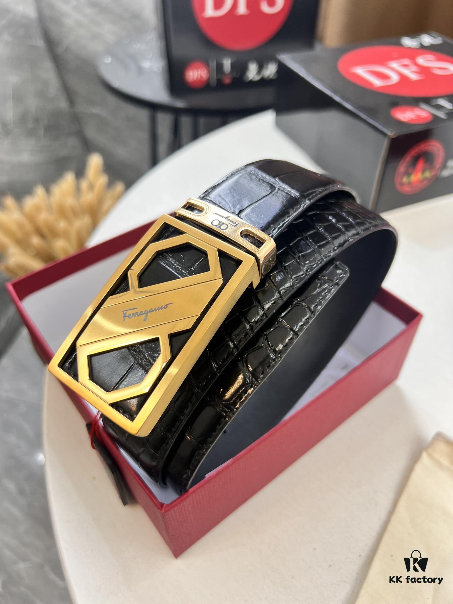 693200343a89a121ed54fe33 Top-Tier Salvatore Ferragamo Belt, Hong Kong Duty-Free Gift Box, Original 8-Shaped Hardware, Full-Grain Calfskin with Crocodile Texture, German-Made Precision Craftsmanship