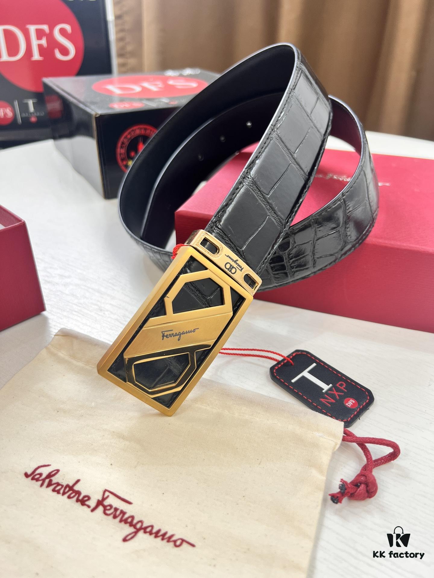 693200343a89a121ed54fe34 Top-Tier Salvatore Ferragamo Belt, Hong Kong Duty-Free Gift Box, Original 8-Shaped Hardware, Full-Grain Calfskin with Crocodile Texture, German-Made Precision Craftsmanship