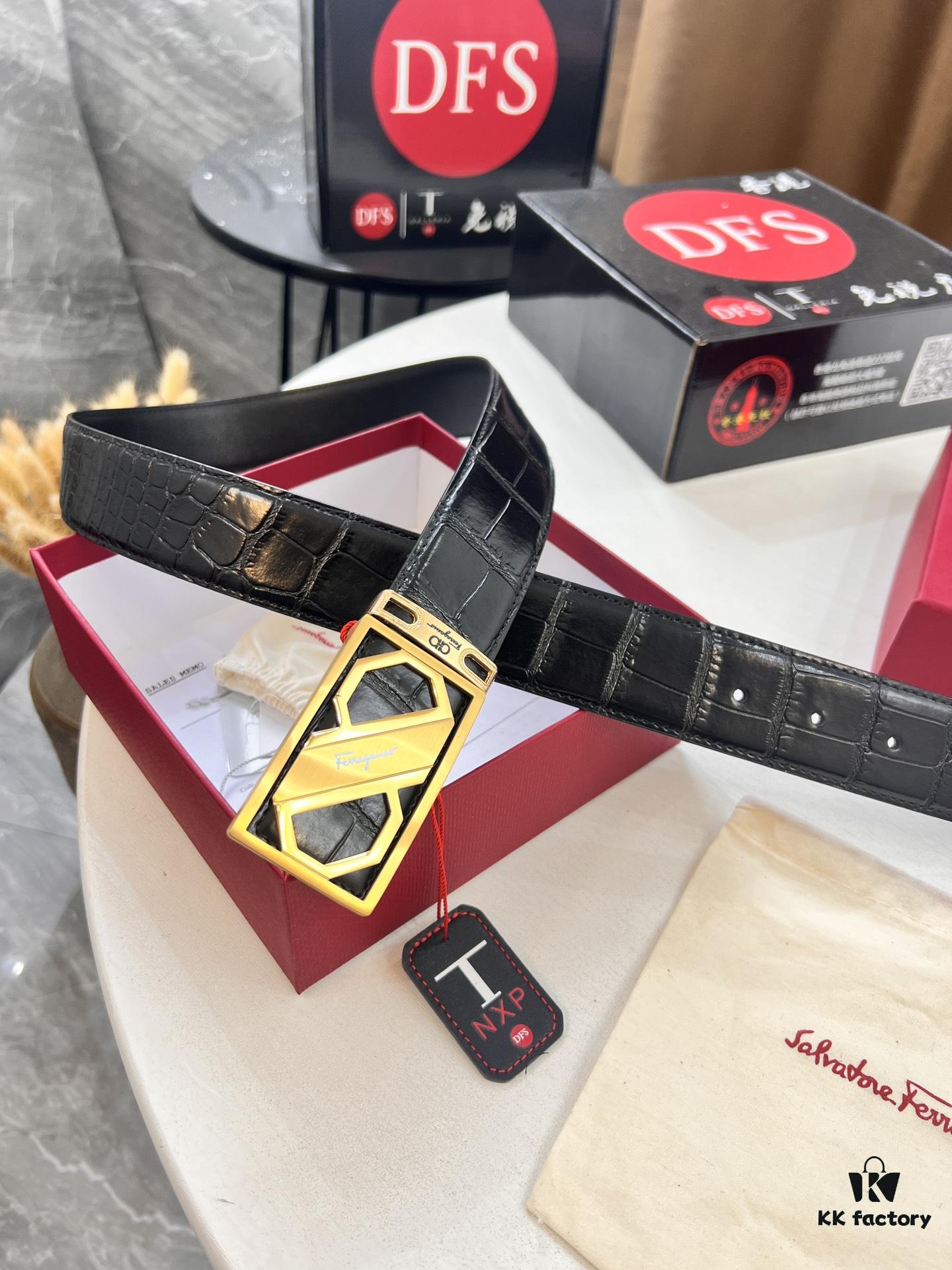 693200343a89a121ed54fe35 Top-Tier Salvatore Ferragamo Belt, Hong Kong Duty-Free Gift Box, Original 8-Shaped Hardware, Full-Grain Calfskin with Crocodile Texture, German-Made Precision Craftsmanship