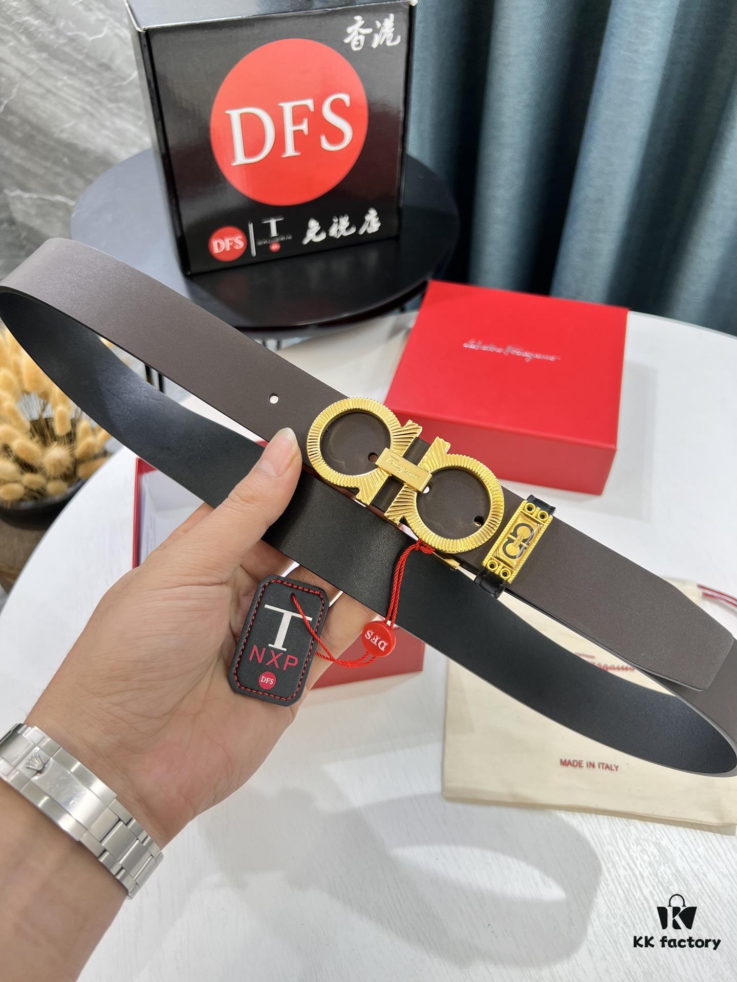 693200343a89a121ed54fe37 Shop Owner Recommended Trumpet Trumpet Genuine Salvatore Ferragamo Men's Leather Belt, Double-Sided Use, Imported Full-Grain Calfskin with '8' Shaped Stainless Steel Hardware, 3.5cm Width, Customizable Length