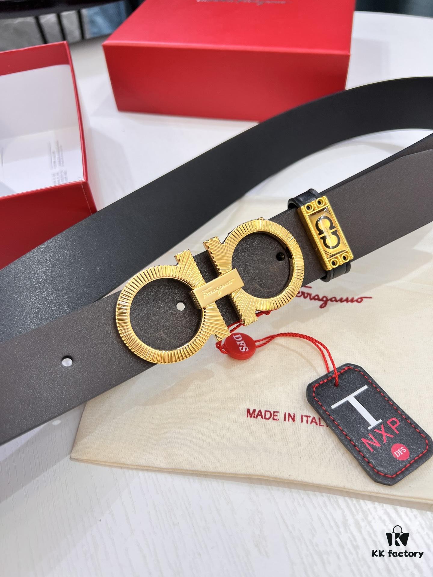 693200343a89a121ed54fe38 Shop Owner Recommended Trumpet Trumpet Genuine Salvatore Ferragamo Men's Leather Belt, Double-Sided Use, Imported Full-Grain Calfskin with '8' Shaped Stainless Steel Hardware, 3.5cm Width, Customizable Length