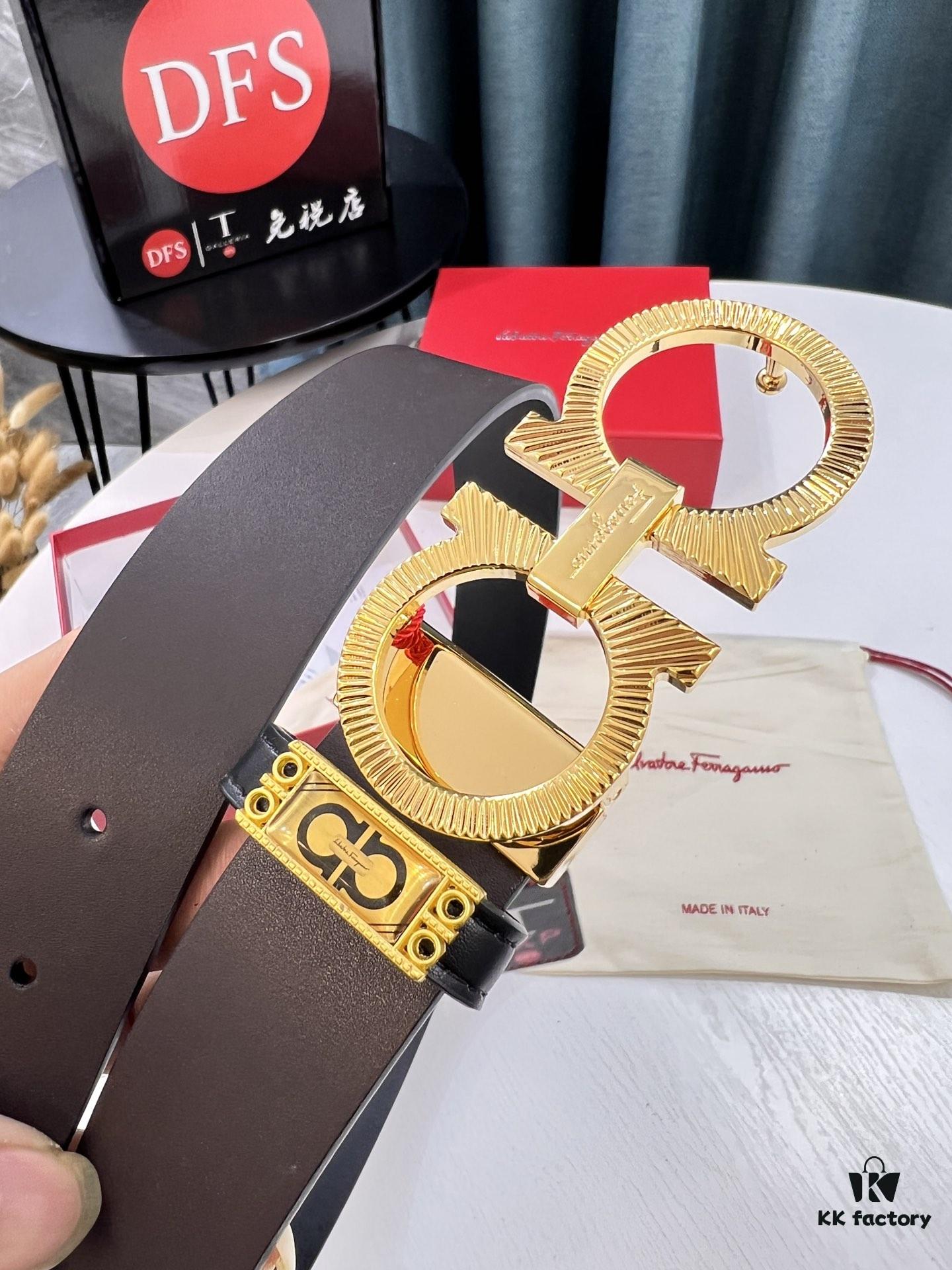 693200343a89a121ed54fe39 Shop Owner Recommended Trumpet Trumpet Genuine Salvatore Ferragamo Men's Leather Belt, Double-Sided Use, Imported Full-Grain Calfskin with '8' Shaped Stainless Steel Hardware, 3.5cm Width, Customizable Length