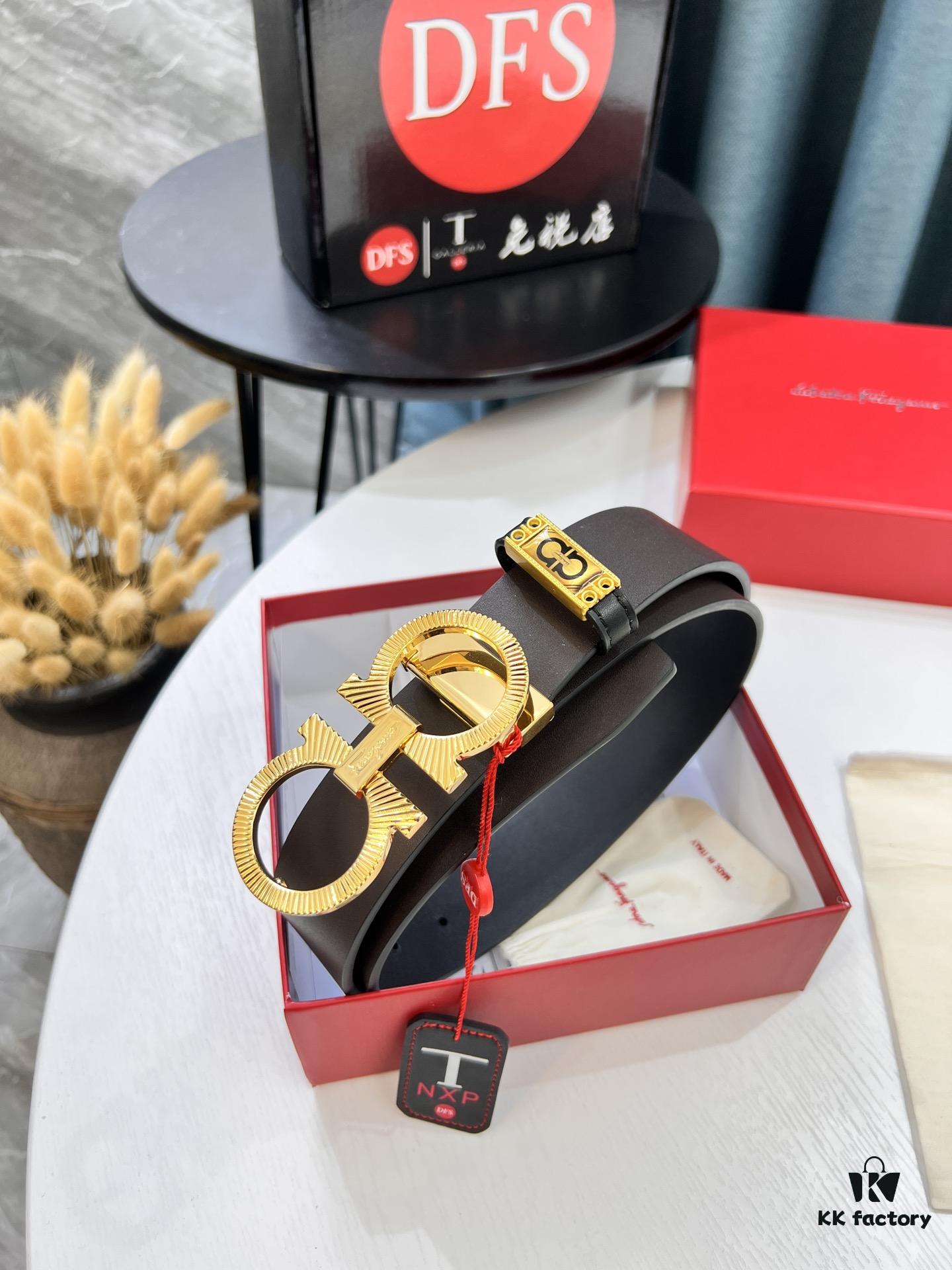 693200343a89a121ed54fe3a Shop Owner Recommended Trumpet Trumpet Genuine Salvatore Ferragamo Men's Leather Belt, Double-Sided Use, Imported Full-Grain Calfskin with '8' Shaped Stainless Steel Hardware, 3.5cm Width, Customizable Length