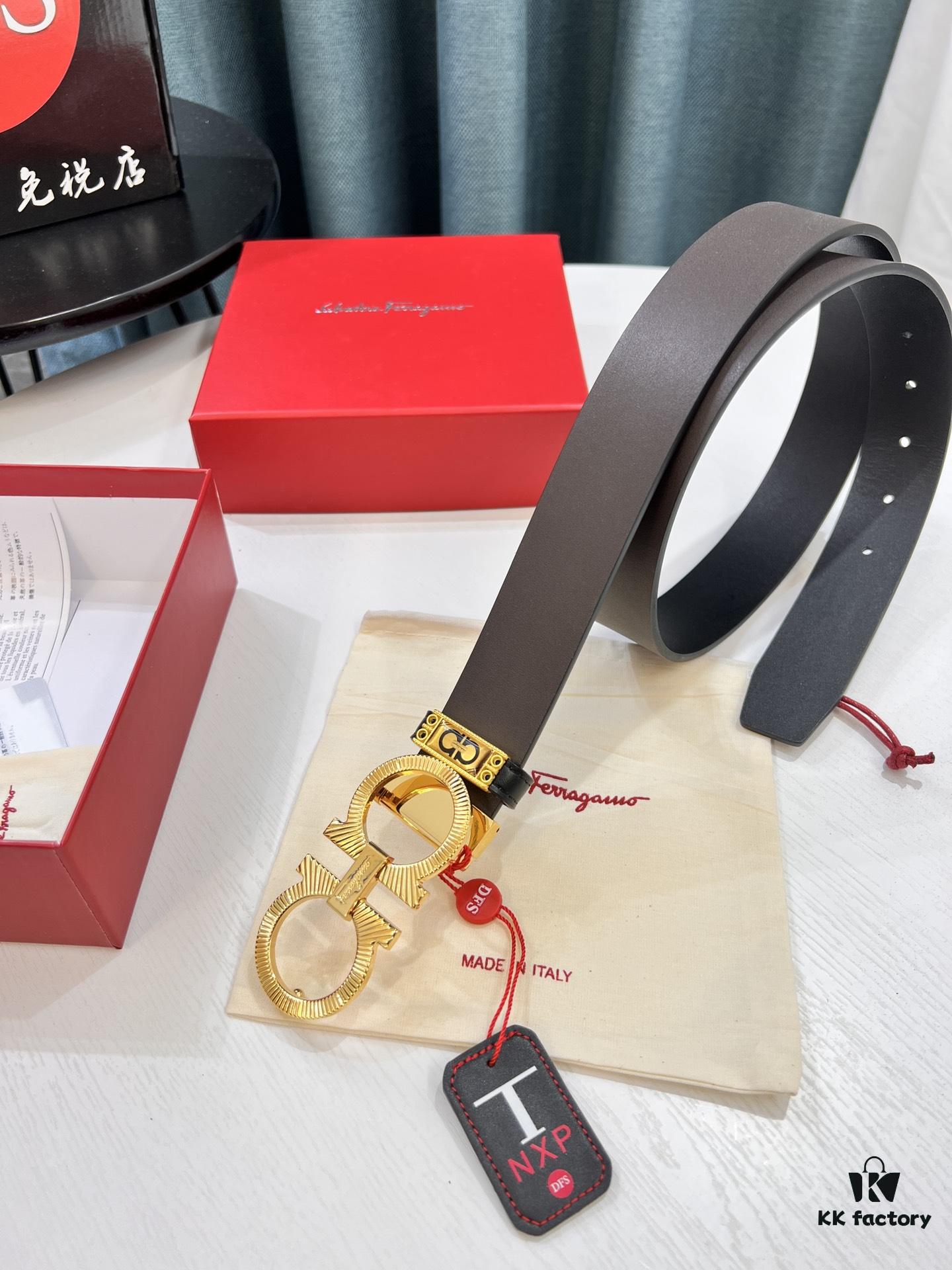 693200353a89a121ed54fe3c Shop Owner Recommended Trumpet Trumpet Genuine Salvatore Ferragamo Men's Leather Belt, Double-Sided Use, Imported Full-Grain Calfskin with '8' Shaped Stainless Steel Hardware, 3.5cm Width, Customizable Length