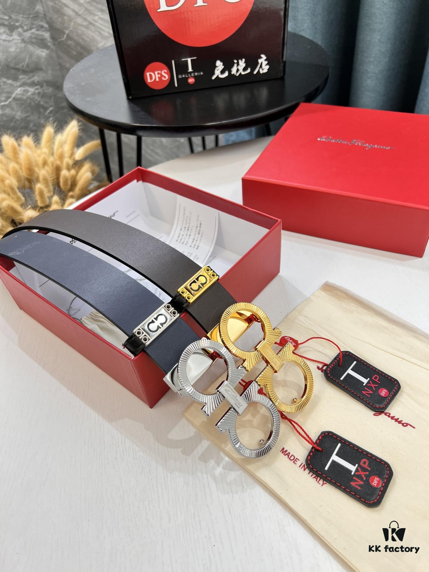 693200353a89a121ed54fe3d Shop Owner Recommended Trumpet Trumpet Genuine Salvatore Ferragamo Men's Leather Belt, Double-Sided Use, Imported Full-Grain Calfskin with '8' Shaped Stainless Steel Hardware, 3.5cm Width, Customizable Length