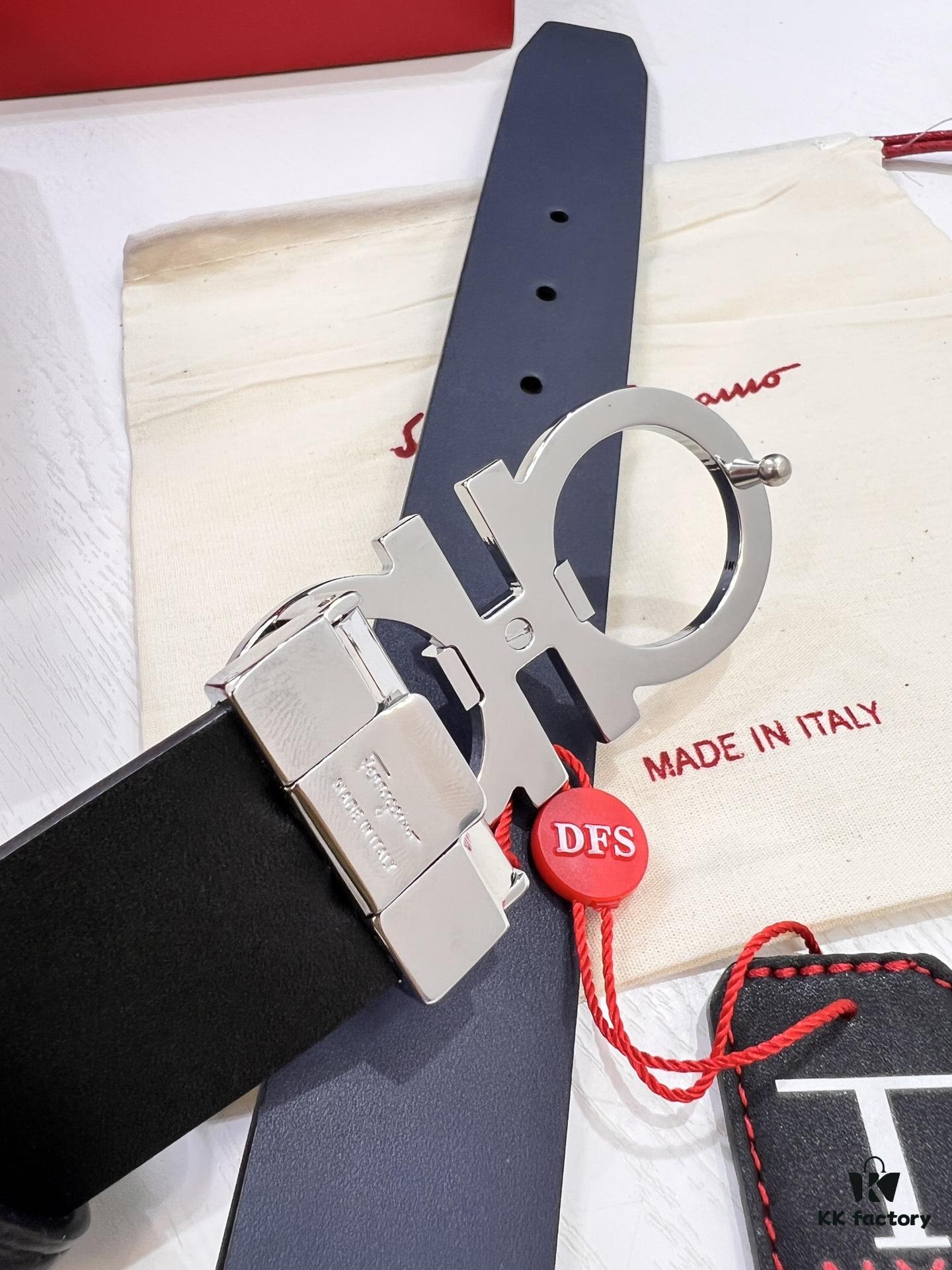 693200353a89a121ed54fe40 Salvatore Ferragamo Men's Belt, Genuine Imported Full-Grain Calfskin, Reversible Design, 3.5cm Width, Octagonal Stainless Steel Hardware, Adjustable Length
