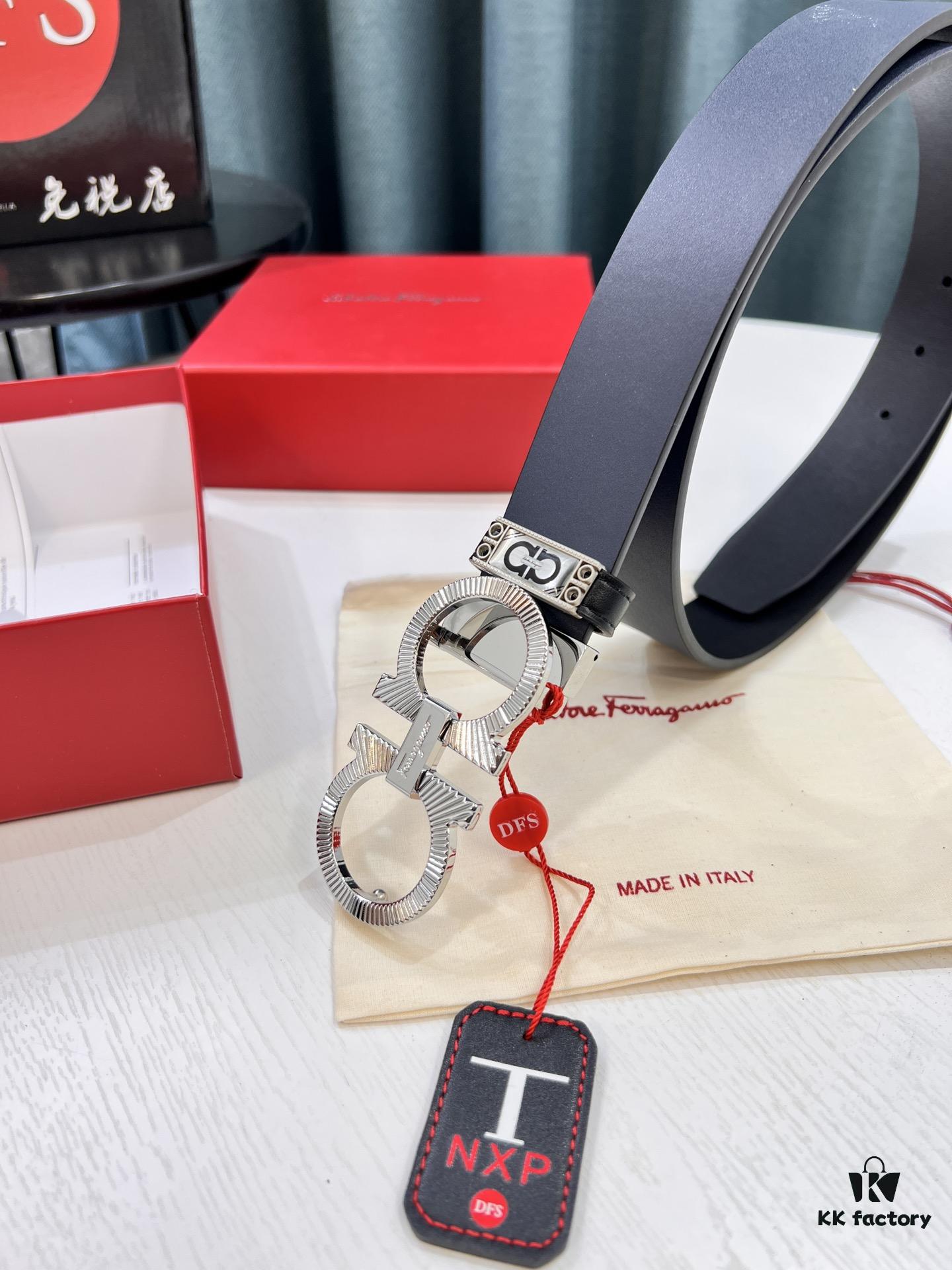 693200353a89a121ed54fe41 Salvatore Ferragamo Men's Belt, Genuine Imported Full-Grain Calfskin, Reversible Design, 3.5cm Width, Octagonal Stainless Steel Hardware, Adjustable Length
