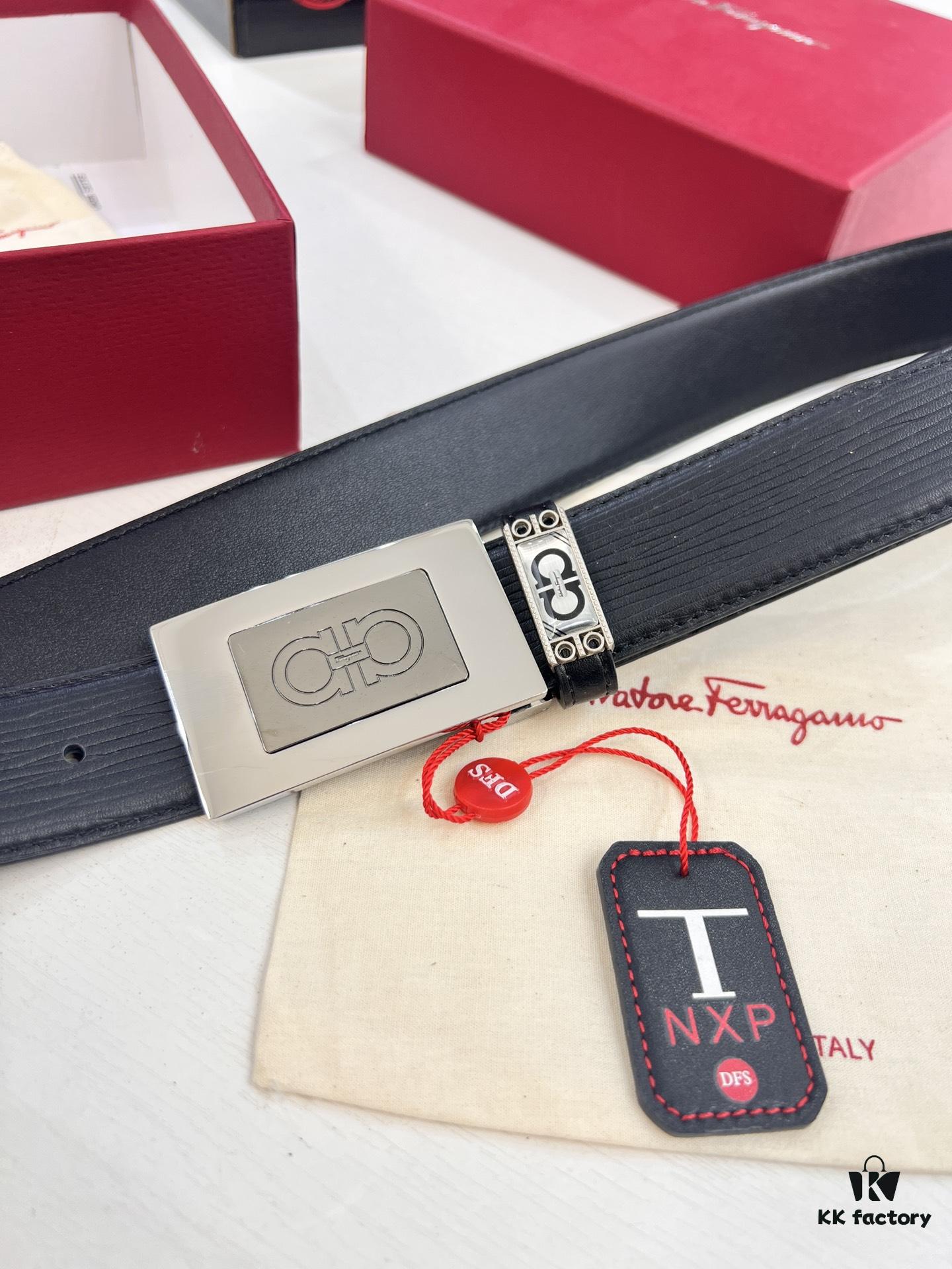 693200373a89a121ed54fe54 Salvatore Ferragamo Men's Belt, Genuine Imported Embossed Top-Layer Calfskin, Reversible Design, 3.5cm Width, New Minimalist Steel Hardware