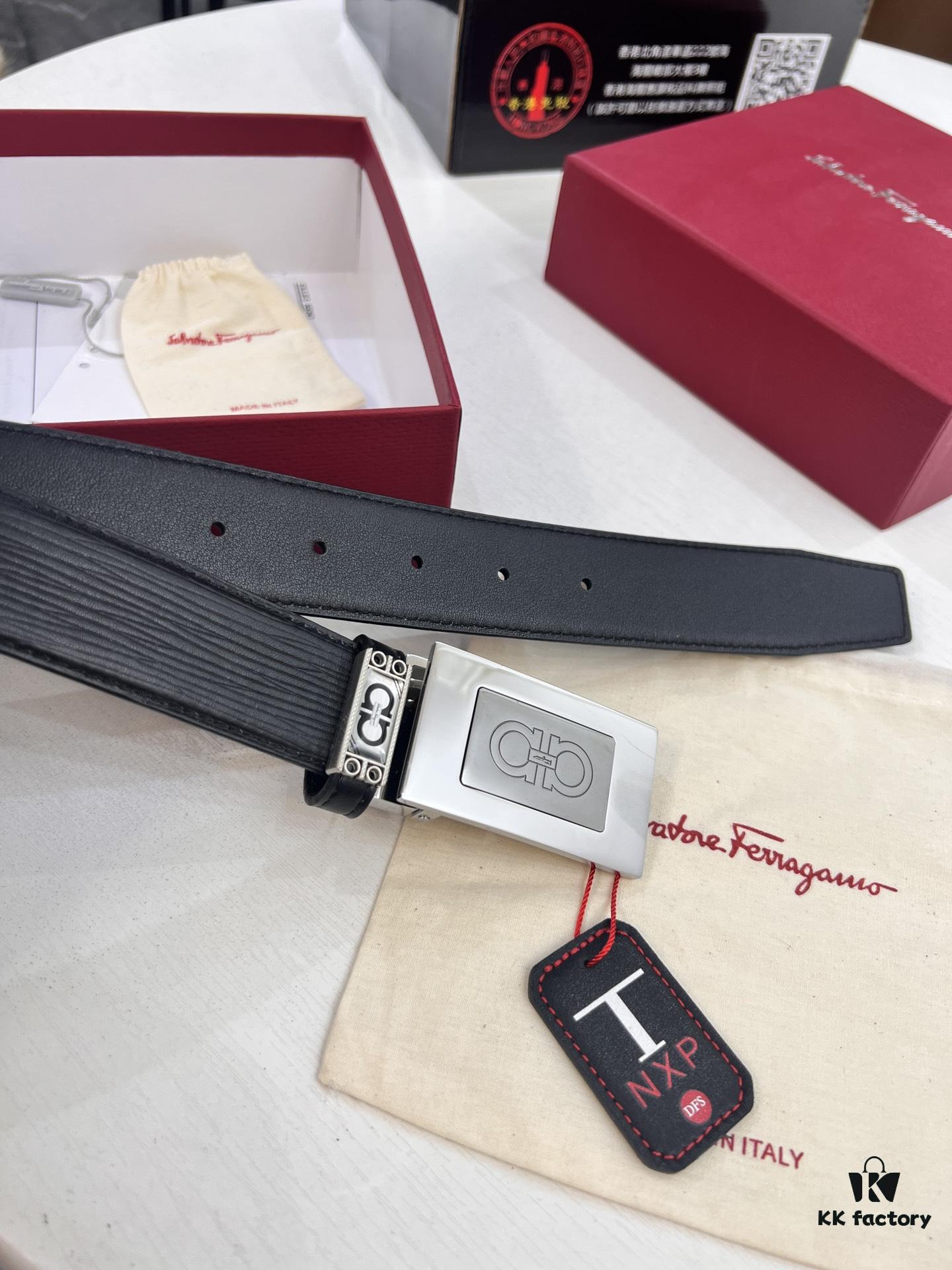 693200373a89a121ed54fe55 Salvatore Ferragamo Men's Belt, Genuine Imported Embossed Top-Layer Calfskin, Reversible Design, 3.5cm Width, New Minimalist Steel Hardware