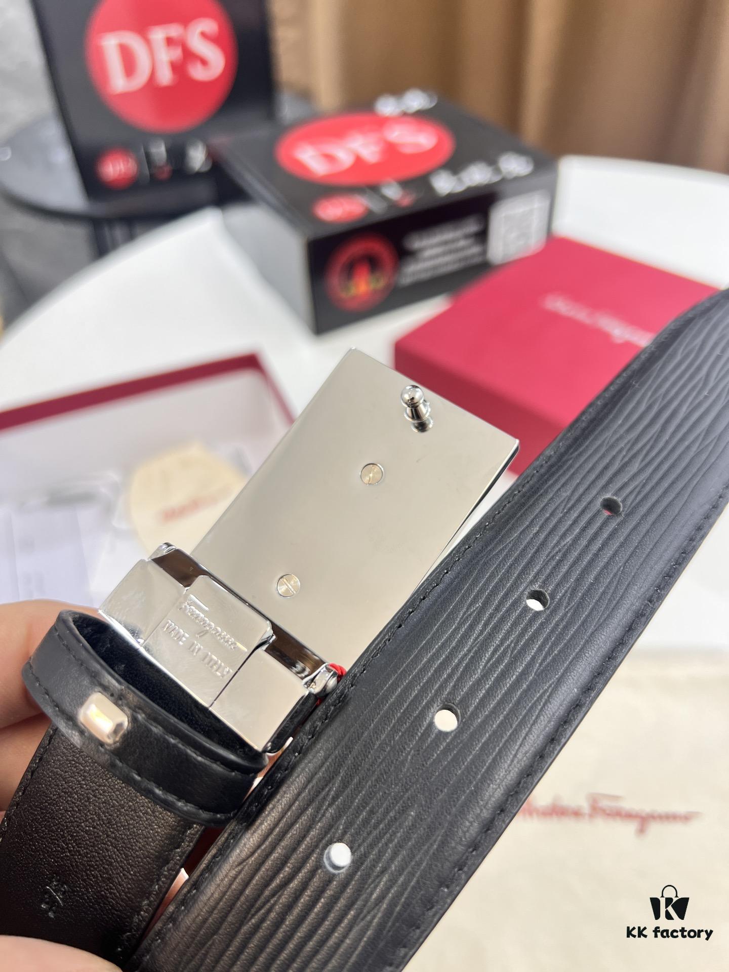 693200373a89a121ed54fe57 Salvatore Ferragamo Men's Belt, Genuine Imported Embossed Top-Layer Calfskin, Reversible Design, 3.5cm Width, New Minimalist Steel Hardware