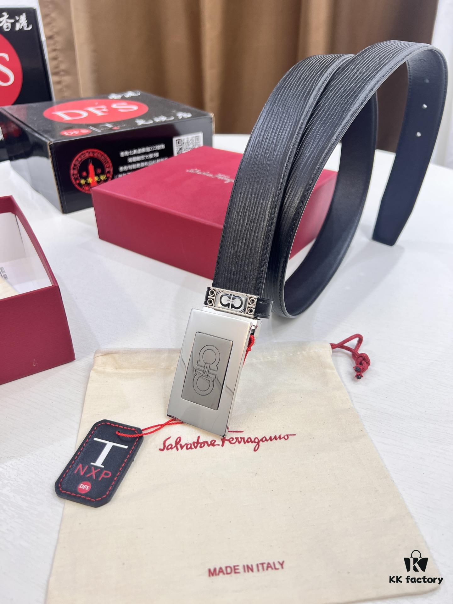 693200373a89a121ed54fe58 Salvatore Ferragamo Men's Belt, Genuine Imported Embossed Top-Layer Calfskin, Reversible Design, 3.5cm Width, New Minimalist Steel Hardware