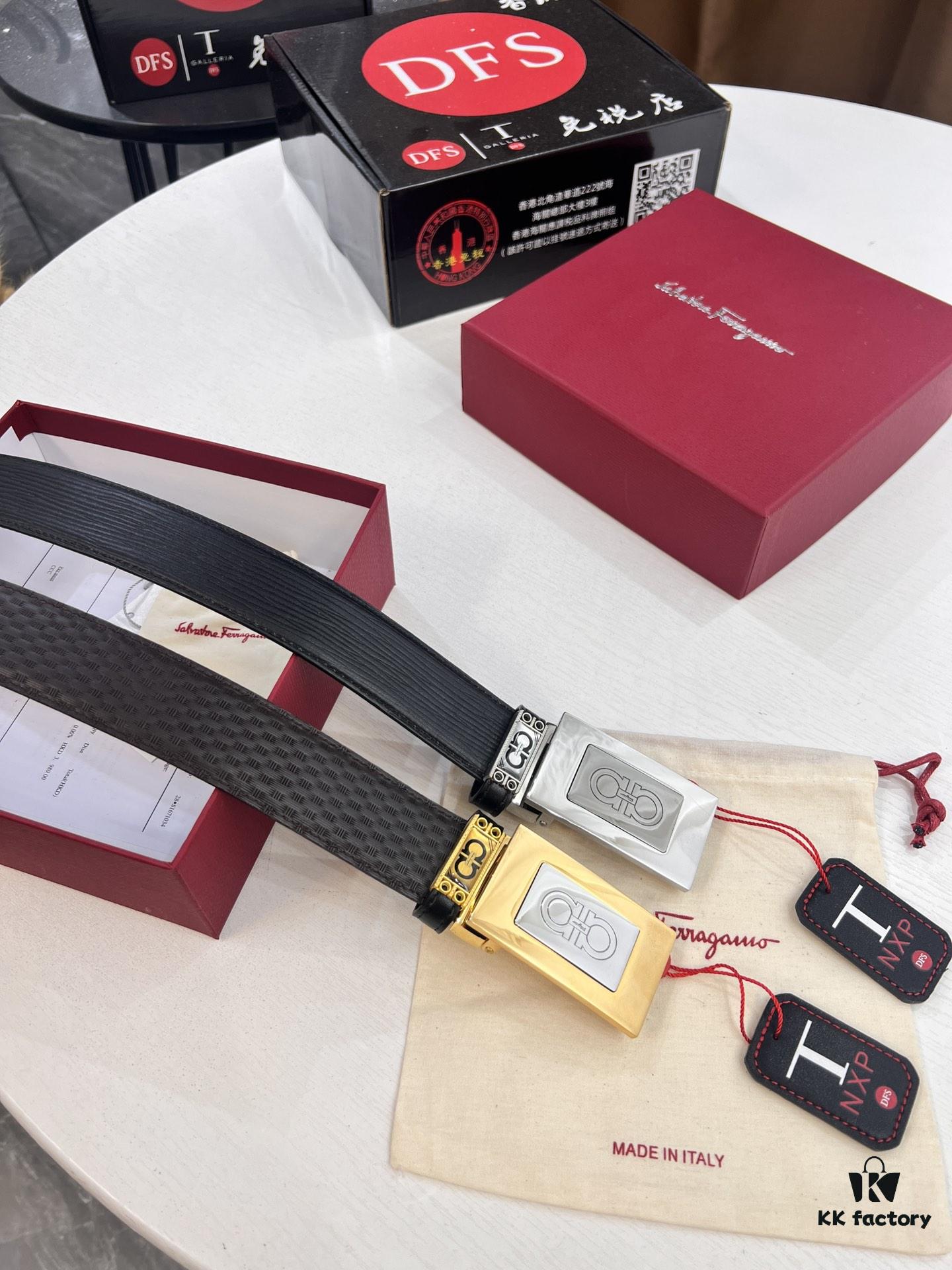 693200373a89a121ed54fe59 Salvatore Ferragamo Men's Belt, Genuine Imported Embossed Top-Layer Calfskin, Reversible Design, 3.5cm Width, New Minimalist Steel Hardware