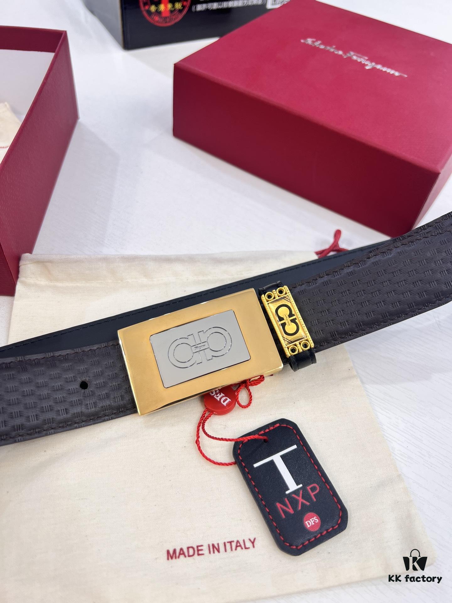 693200373a89a121ed54fe5b Salvatore Ferragamo Men's Belt, Genuine Imported Embossed Top-Layer Calfskin, Reversible Design, 3.5cm Width, New Minimalist Steel Hardware