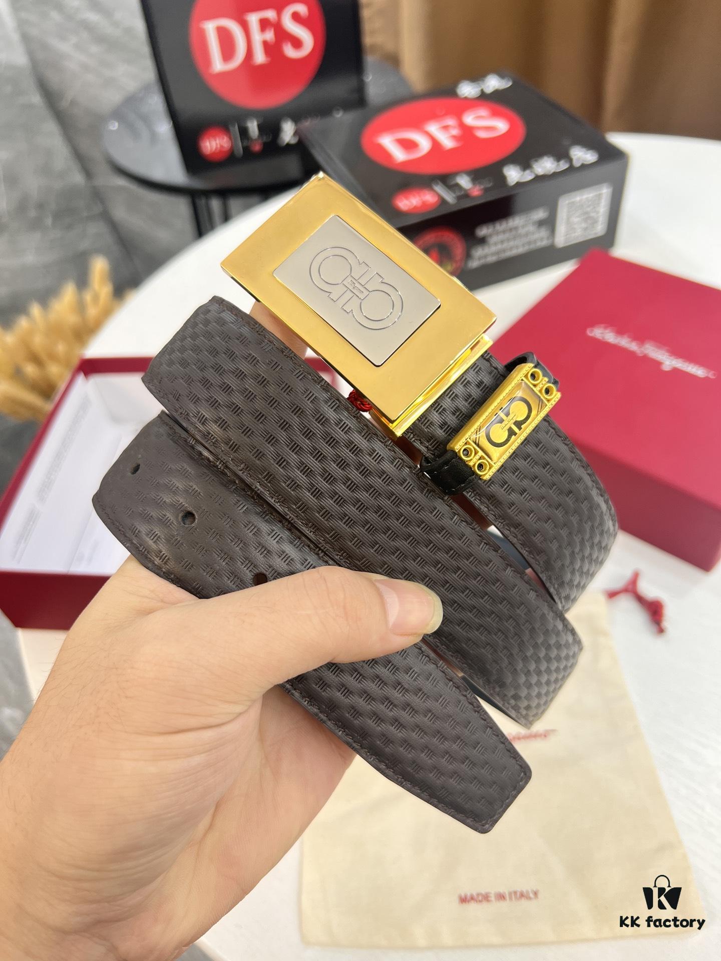 693200373a89a121ed54fe5c Salvatore Ferragamo Men's Belt, Genuine Imported Embossed Top-Layer Calfskin, Reversible Design, 3.5cm Width, New Minimalist Steel Hardware
