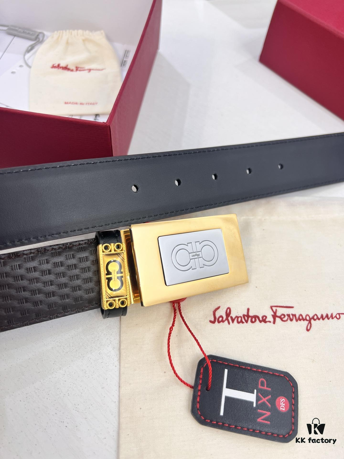 693200373a89a121ed54fe5d Salvatore Ferragamo Men's Belt, Genuine Imported Embossed Top-Layer Calfskin, Reversible Design, 3.5cm Width, New Minimalist Steel Hardware