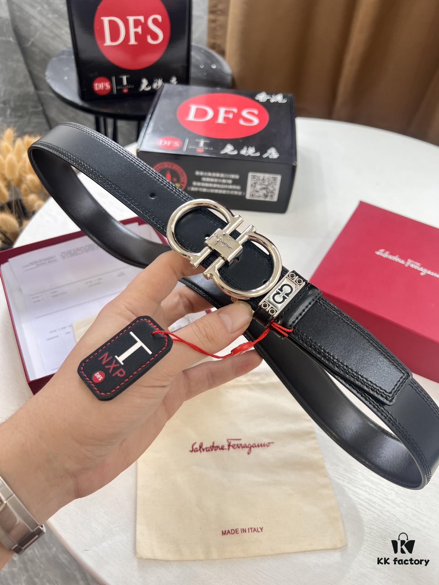 693200383a89a121ed54fe69 Ferragamo Men's Belt, Genuine Imported Smooth Full-Grain Leather, Reversible Design, 3.5cm Width, Stainless Steel Buckle, Boxed with NXP Anti-Counterfeit Chip