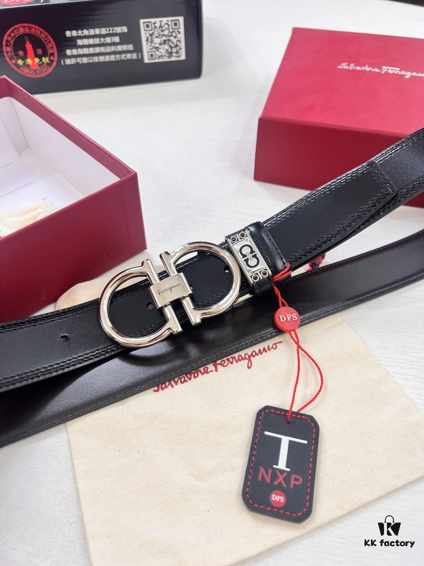 693200383a89a121ed54fe6a Ferragamo Men's Belt, Genuine Imported Smooth Full-Grain Leather, Reversible Design, 3.5cm Width, Stainless Steel Buckle, Boxed with NXP Anti-Counterfeit Chip
