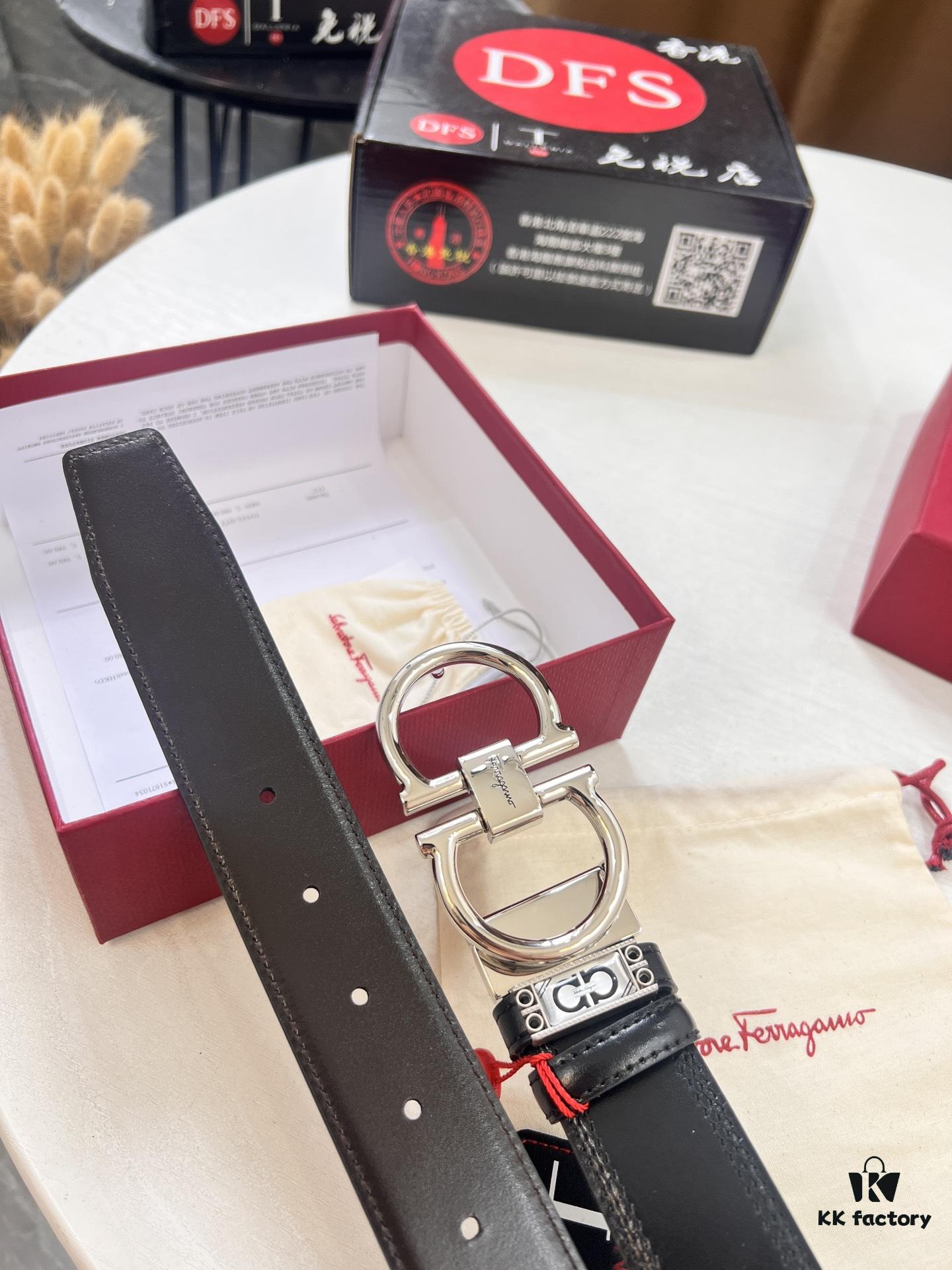 693200383a89a121ed54fe6b Ferragamo Men's Belt, Genuine Imported Smooth Full-Grain Leather, Reversible Design, 3.5cm Width, Stainless Steel Buckle, Boxed with NXP Anti-Counterfeit Chip