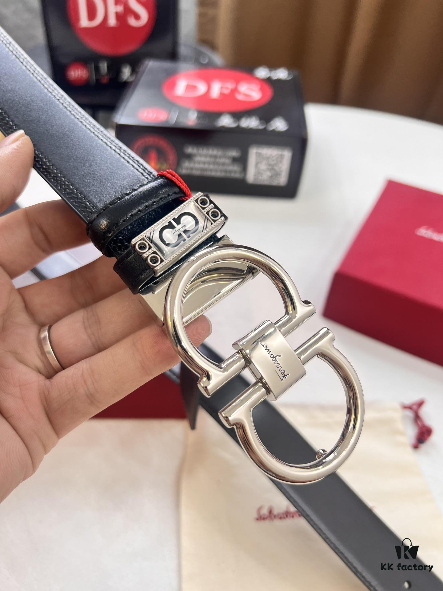 693200383a89a121ed54fe6d Ferragamo Men's Belt, Genuine Imported Smooth Full-Grain Leather, Reversible Design, 3.5cm Width, Stainless Steel Buckle, Boxed with NXP Anti-Counterfeit Chip