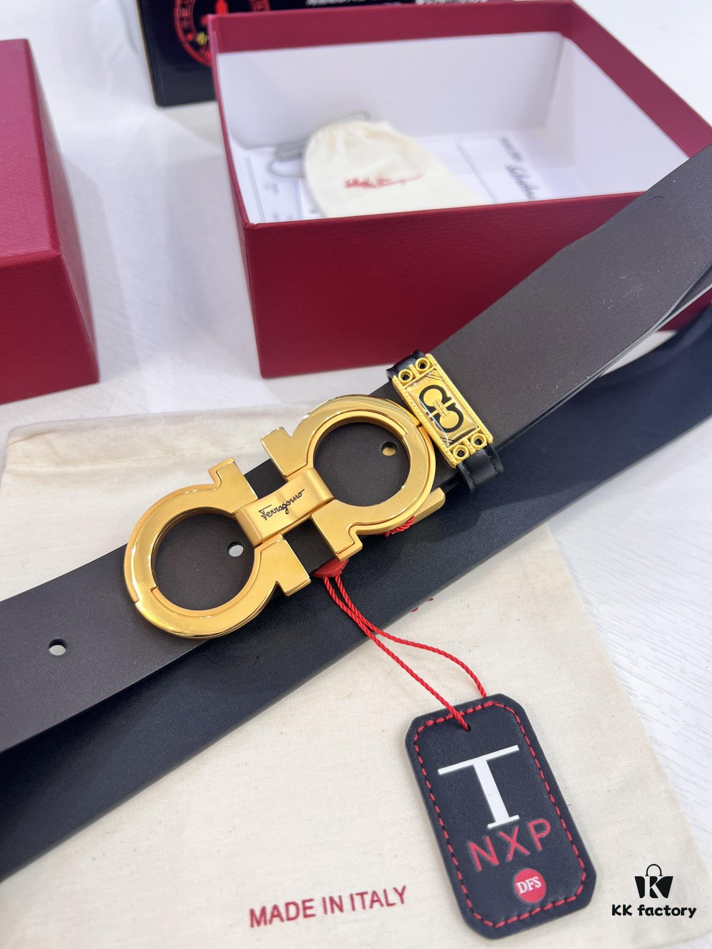 693200393a89a121ed54fe71 Salvatore Ferragamo Men's Belt, Genuine Imported Lap Plain Full-Grain Leather, Double-Sided Two-Tone Design, 3.5cm Width, New '8' Shaped Stainless Steel Hardware