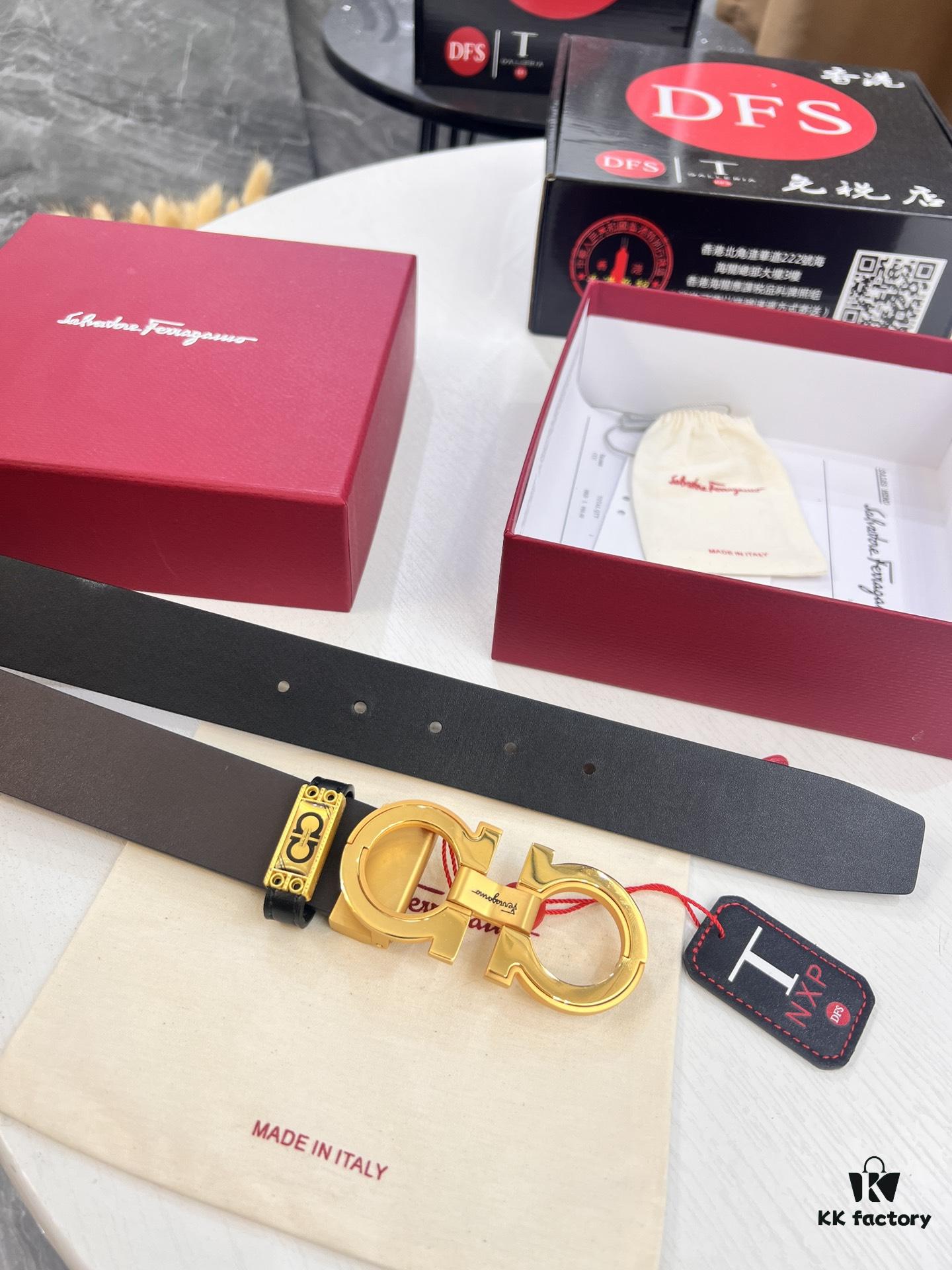 693200393a89a121ed54fe72 Salvatore Ferragamo Men's Belt, Genuine Imported Lap Plain Full-Grain Leather, Double-Sided Two-Tone Design, 3.5cm Width, New '8' Shaped Stainless Steel Hardware