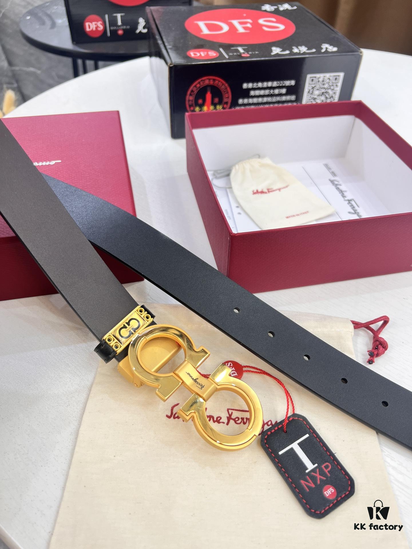 693200393a89a121ed54fe74 Salvatore Ferragamo Men's Belt, Genuine Imported Lap Plain Full-Grain Leather, Double-Sided Two-Tone Design, 3.5cm Width, New '8' Shaped Stainless Steel Hardware
