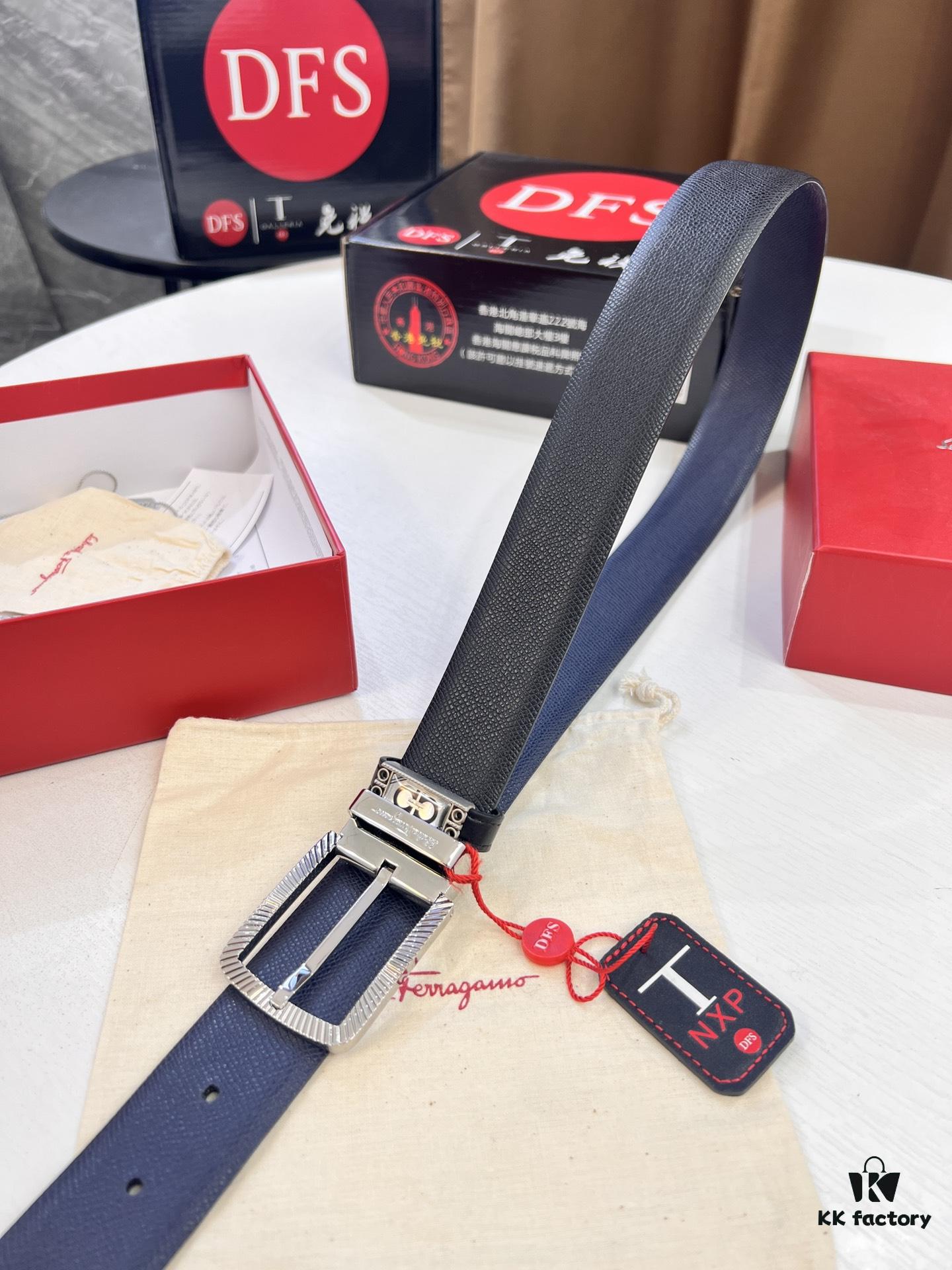 Ferragamo Men's Belt, Genuine First-Layer Cowhide with Palm Pattern, Reversible Design, 3.5cm Width, H-Frame Buckle, Precision Stainless Steel Hardware