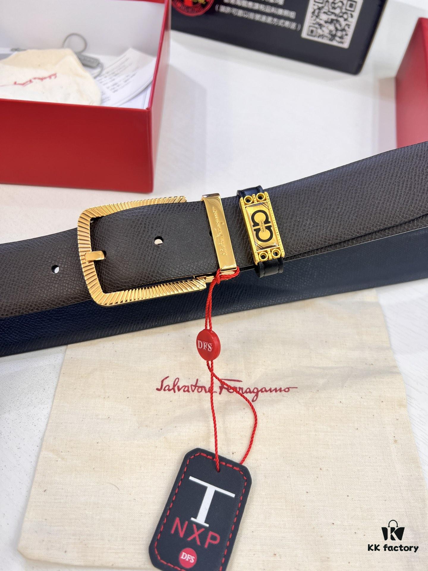 6932003d3a89a121ed54feaa Ferragamo Men's Belt, Genuine First-Layer Cowhide with Palm Pattern, Reversible Design, 3.5cm Width, Stainless Steel '8' Shape Pin Buckle