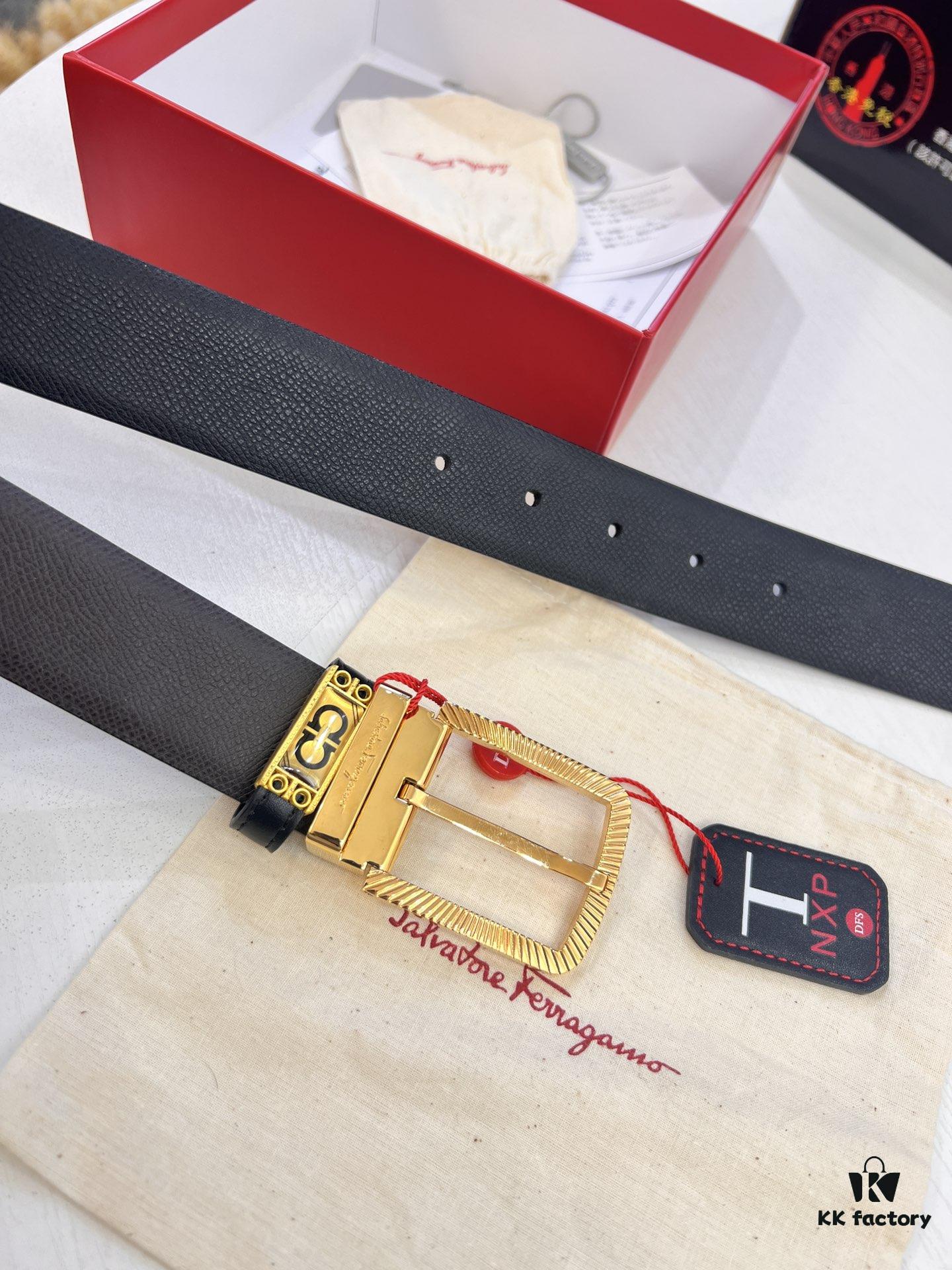 6932003d3a89a121ed54feab Ferragamo Men's Belt, Genuine First-Layer Cowhide with Palm Pattern, Reversible Design, 3.5cm Width, Stainless Steel '8' Shape Pin Buckle