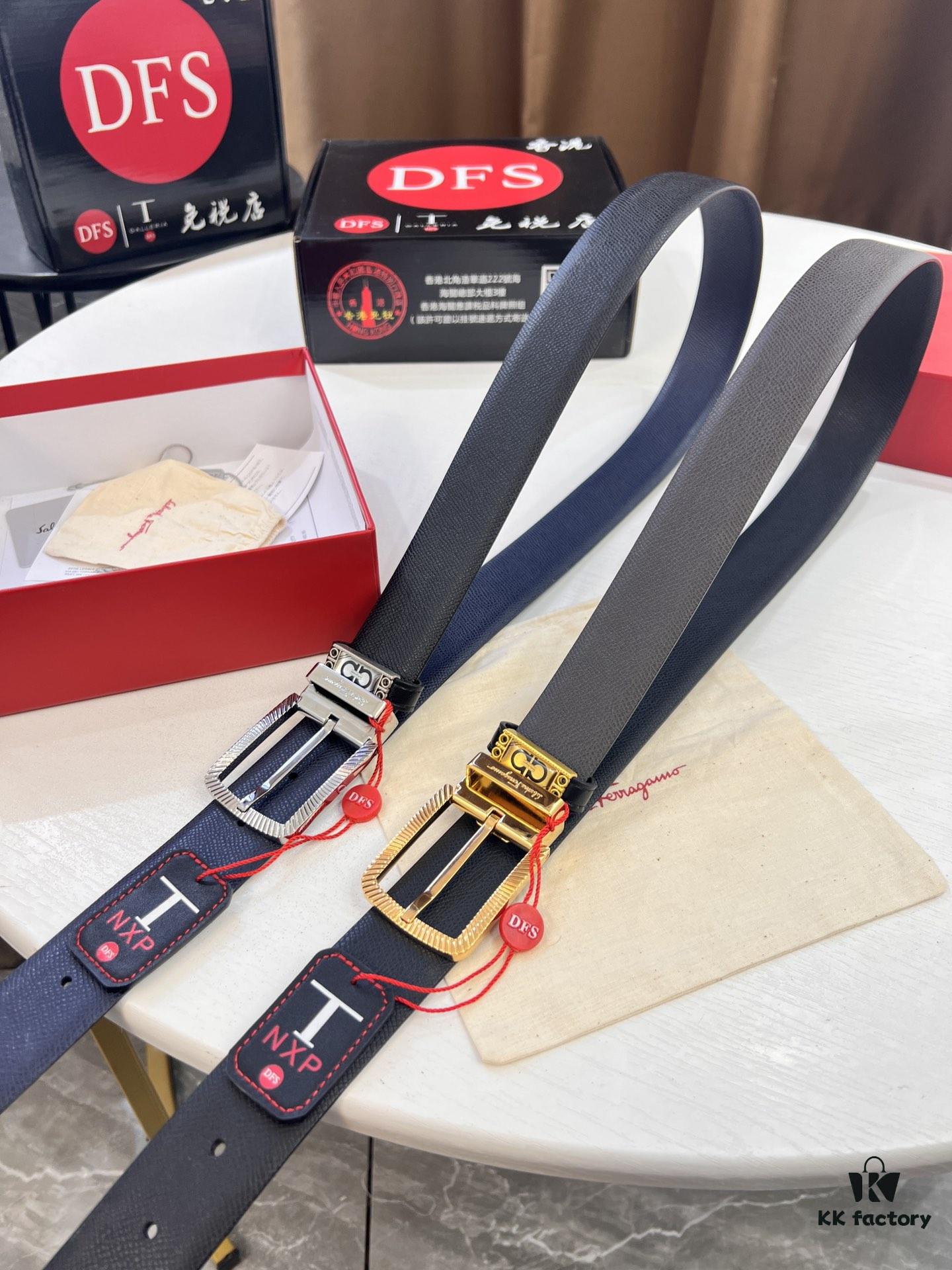 6932003e3a89a121ed54feaf Ferragamo Men's Belt, Genuine First-Layer Cowhide with Palm Pattern, Reversible Design, 3.5cm Width, Stainless Steel '8' Shape Pin Buckle