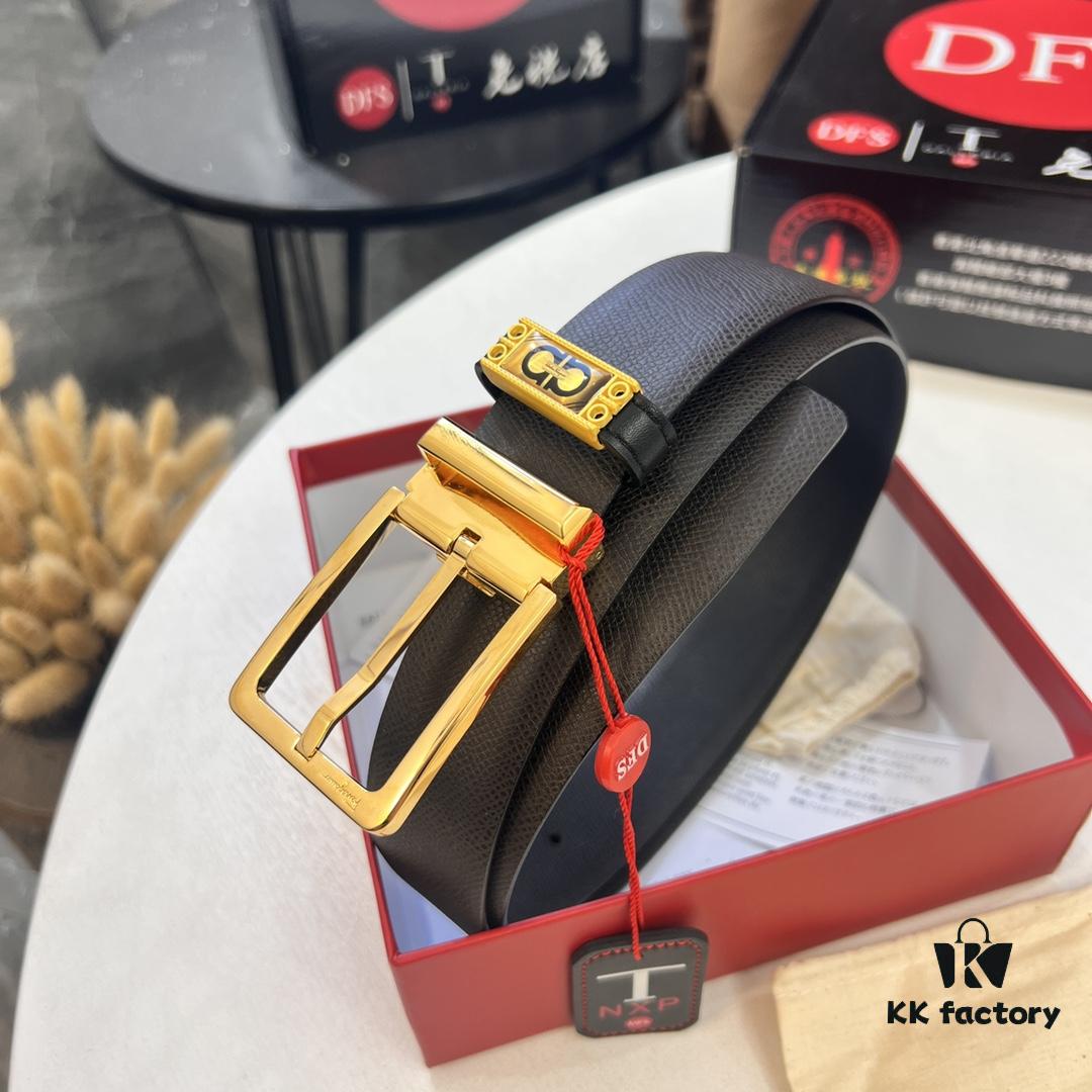6932003f3a89a121ed54fec2 Ferragamo Men's Belt, Genuine First-Layer Cowhide with Palm Pattern, Reversible Design, 3.5cm Width, Stainless Steel '8' Buckle