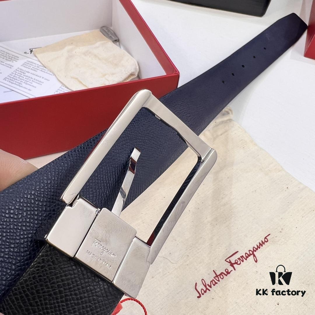 693200403a89a121ed54fec8 Ferragamo Men's Belt, Genuine First-Layer Cowhide with Palm Pattern, Reversible Design, 3.5cm Width, Stainless Steel '8' Shape Pin Buckle