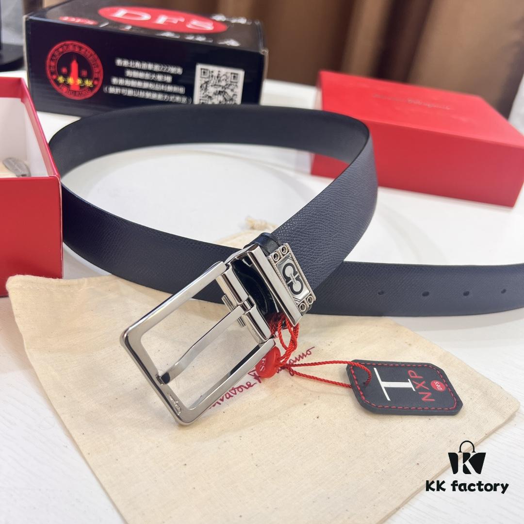 693200403a89a121ed54fec9 Ferragamo Men's Belt, Genuine First-Layer Cowhide with Palm Pattern, Reversible Design, 3.5cm Width, Stainless Steel '8' Shape Pin Buckle