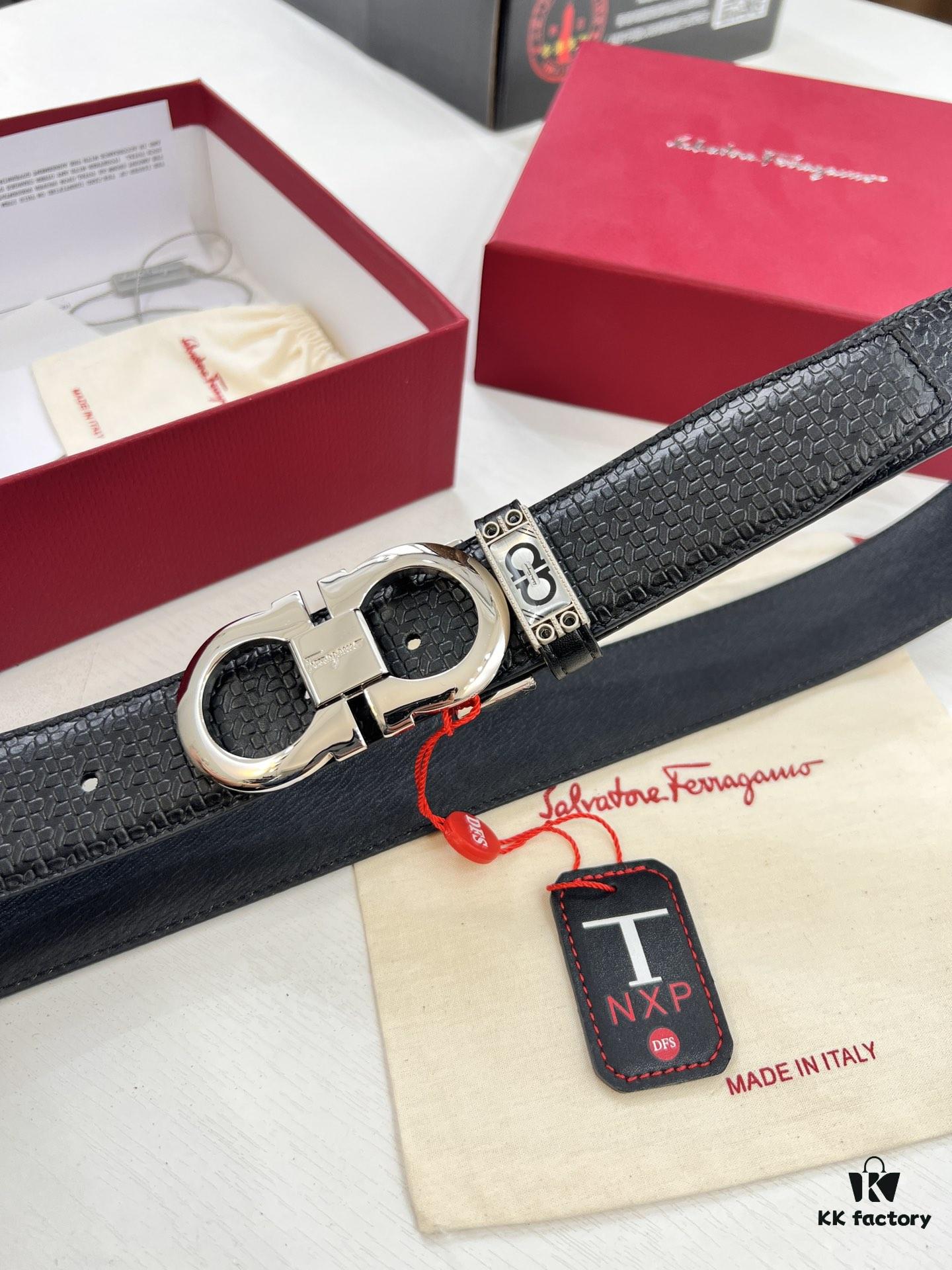693200403a89a121ed54fecd Ferragamo Men's Belt, Genuine Embossed Full-Grain Leather, Reversible Design, 3.5cm Width, Stainless Steel Buckle, Adjustable Length