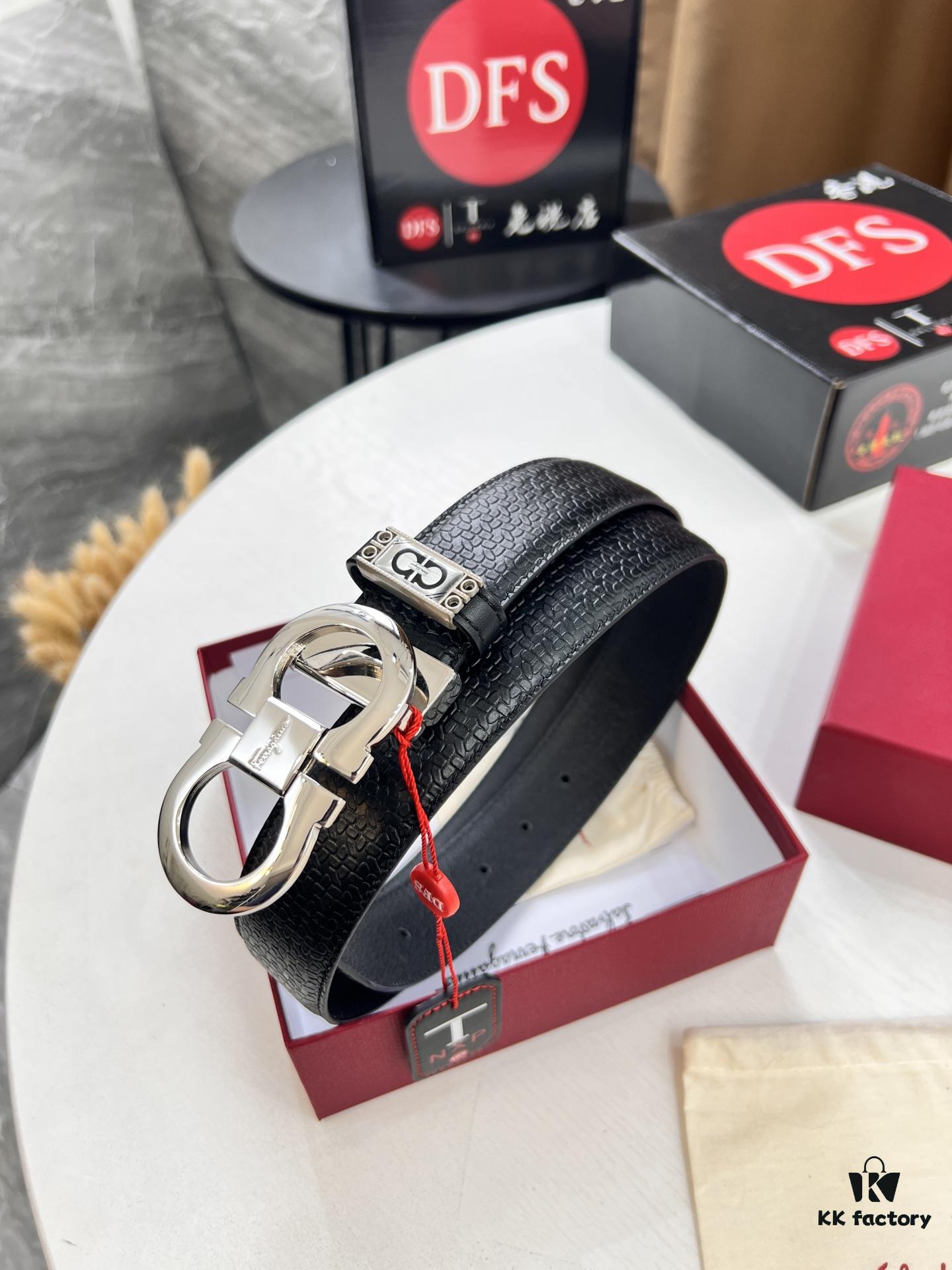 693200403a89a121ed54fecf Ferragamo Men's Belt, Genuine Embossed Full-Grain Leather, Reversible Design, 3.5cm Width, Stainless Steel Buckle, Adjustable Length