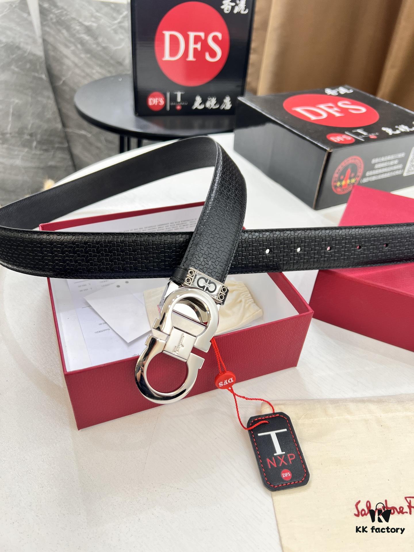693200403a89a121ed54fed0 Ferragamo Men's Belt, Genuine Embossed Full-Grain Leather, Reversible Design, 3.5cm Width, Stainless Steel Buckle, Adjustable Length