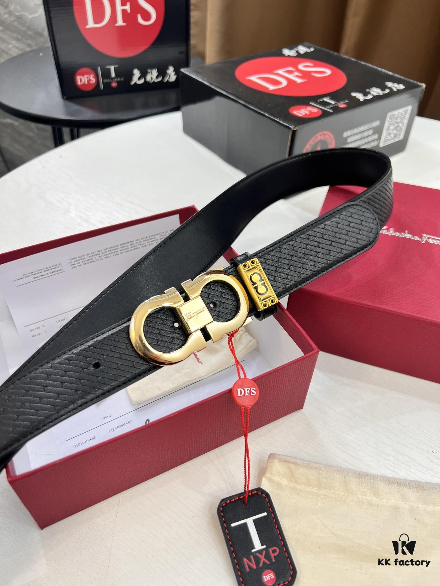Salvatore Ferragamo Men's Belt, Double-Sided Use, Full-Grain Calfskin with Original Imported Embossing, 3.5cm Width, Precision Steel Hardware, Adjustable Length
