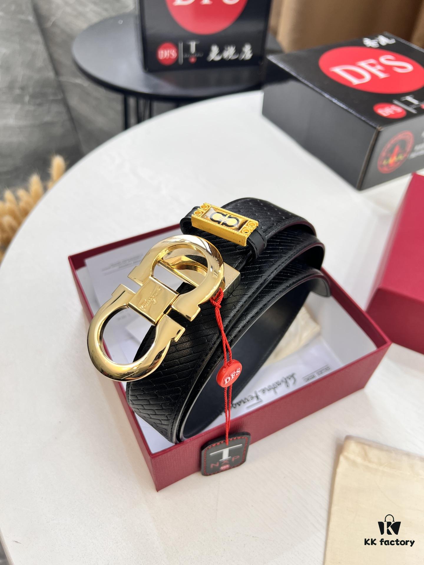 Salvatore Ferragamo Men's Belt, Double-Sided Use, Full-Grain Calfskin with Original Imported Embossing, 3.5cm Width, Precision Steel Hardware, Adjustable Length