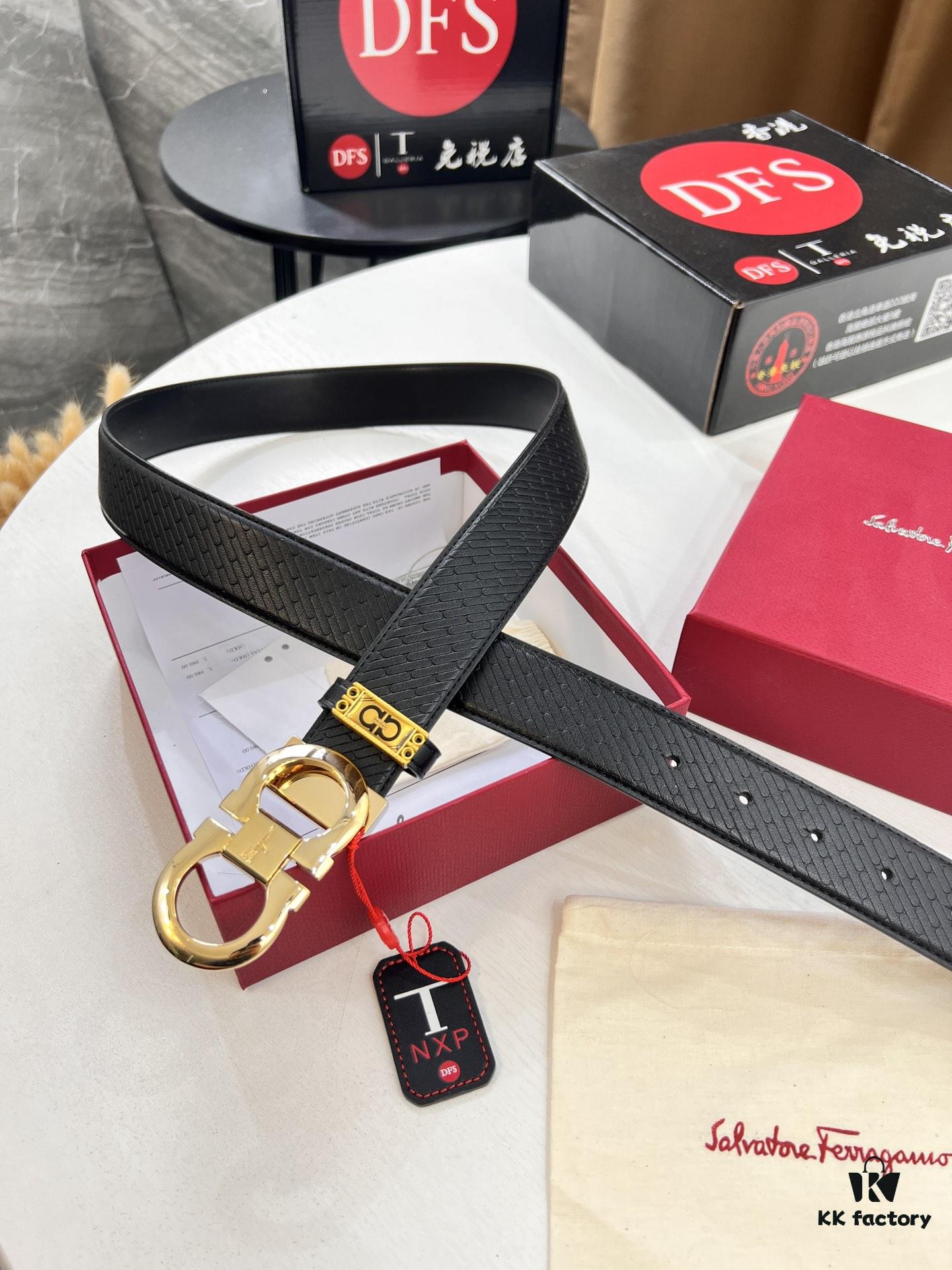 Salvatore Ferragamo Men's Belt, Double-Sided Use, Full-Grain Calfskin with Original Imported Embossing, 3.5cm Width, Precision Steel Hardware, Adjustable Length