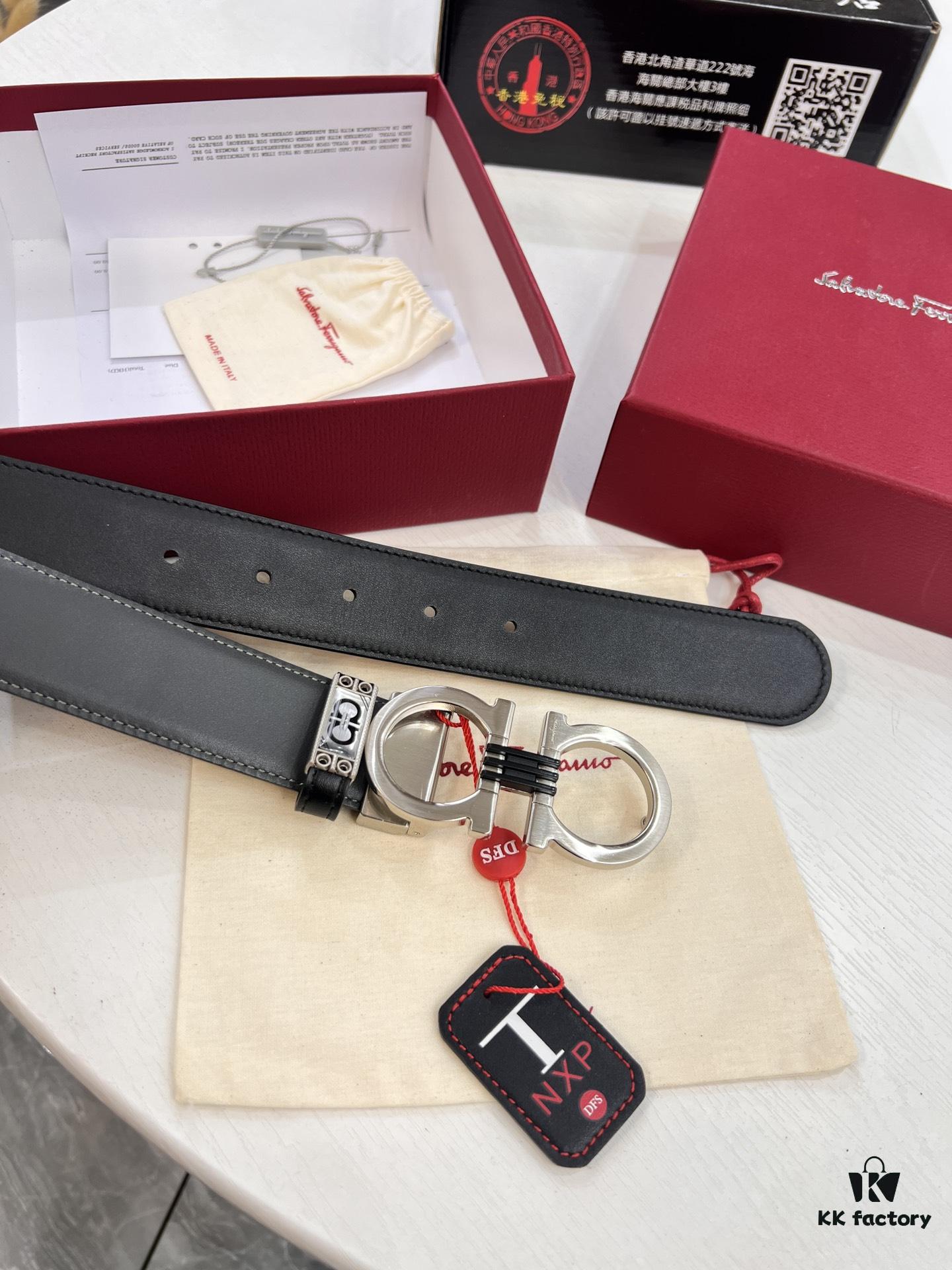 693200433a89a121ed54fef8 Salvatore Ferragamo Men's Belt, Genuine Imported Lapah Plain Full-Grain Leather, Double-Sided Dual Color Design, Adjustable Length, New '8' Shaped Stainless Steel Hardware, 3.5cm Width