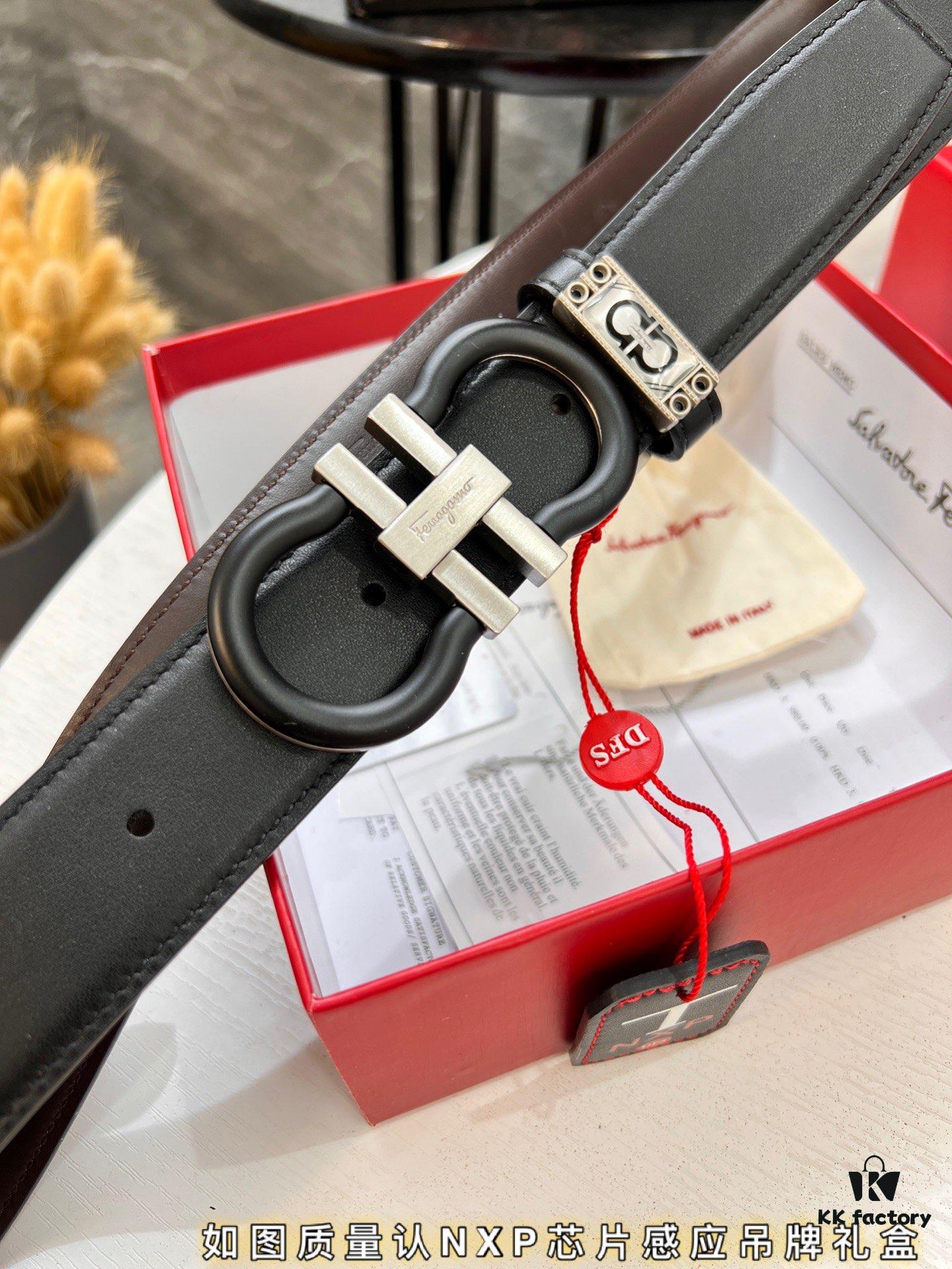 6932004a3a89a121ed54ff53 Salvatore Ferragamo Belt, Hong Kong Duty-Free Gift Box 🎁 (NXP RFID Tag with Official Website Verification, Authentic Anti-Counterfeit Chip) - 8-Shaped Etched Pattern, Full Italian Top-Grain Calfskin, Reversible Design, 3.5cm Width