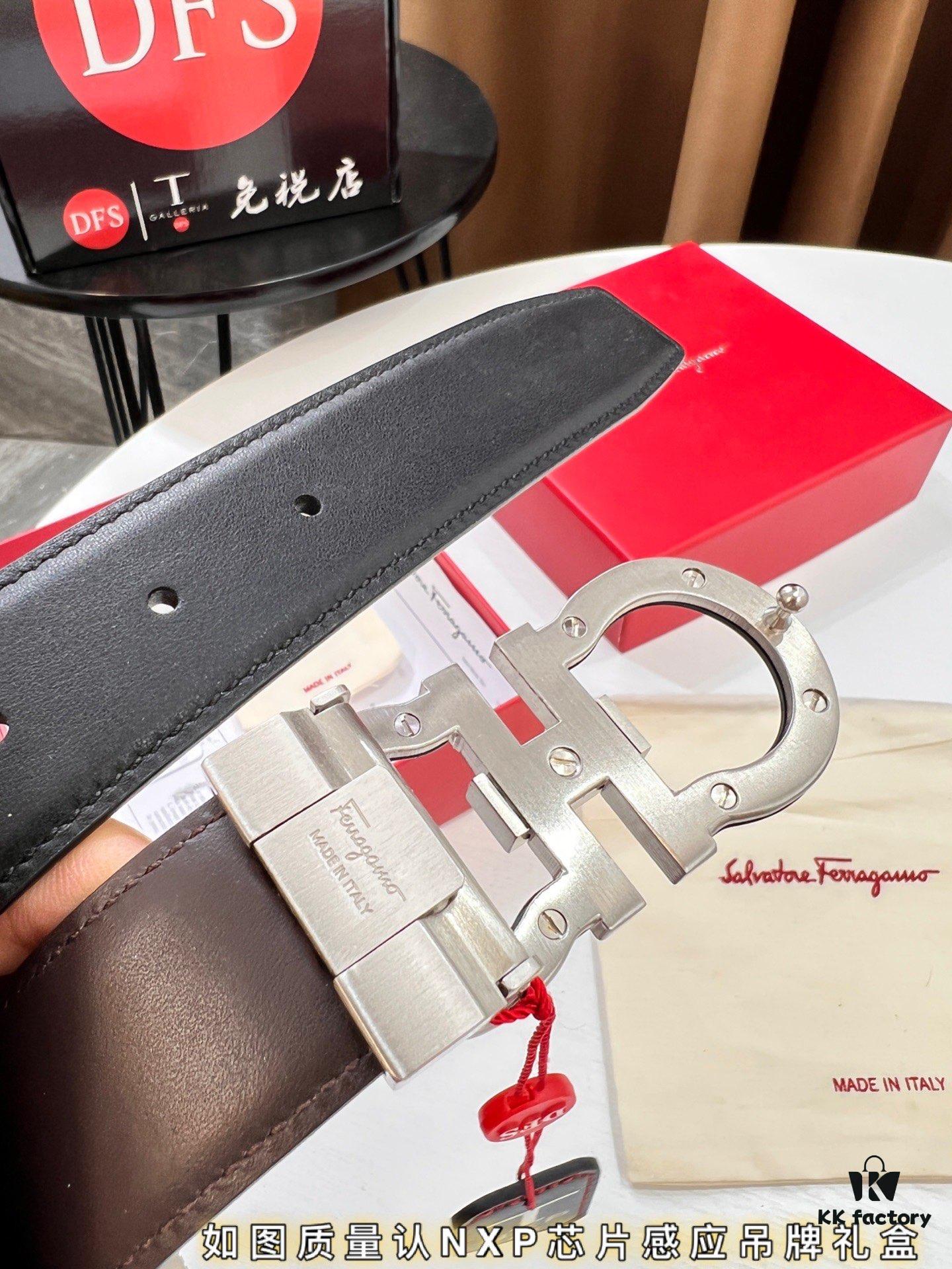 6932004a3a89a121ed54ff54 Salvatore Ferragamo Belt, Hong Kong Duty-Free Gift Box 🎁 (NXP RFID Tag with Official Website Verification, Authentic Anti-Counterfeit Chip) - 8-Shaped Etched Pattern, Full Italian Top-Grain Calfskin, Reversible Design, 3.5cm Width