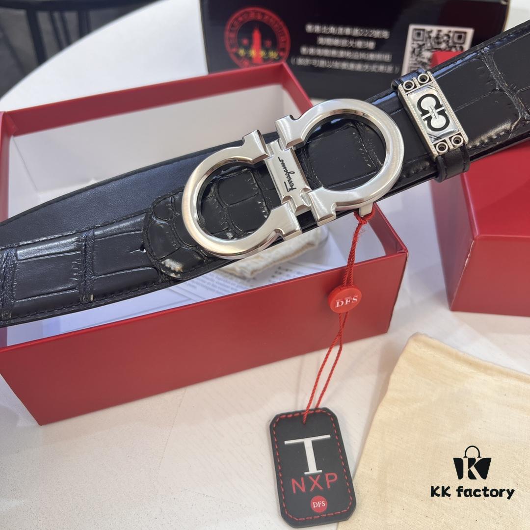 693200533a89a121ed54ffca Top-Grade Salvatore Ferragamo Belt, Hong Kong Duty-Free Gift Box, Original 8-Shaped Hardware, Full-Grain Crocodile-Texture Calfskin Leather, German Manufactured