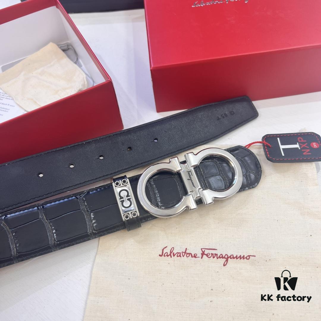 693200533a89a121ed54ffcb Top-Grade Salvatore Ferragamo Belt, Hong Kong Duty-Free Gift Box, Original 8-Shaped Hardware, Full-Grain Crocodile-Texture Calfskin Leather, German Manufactured