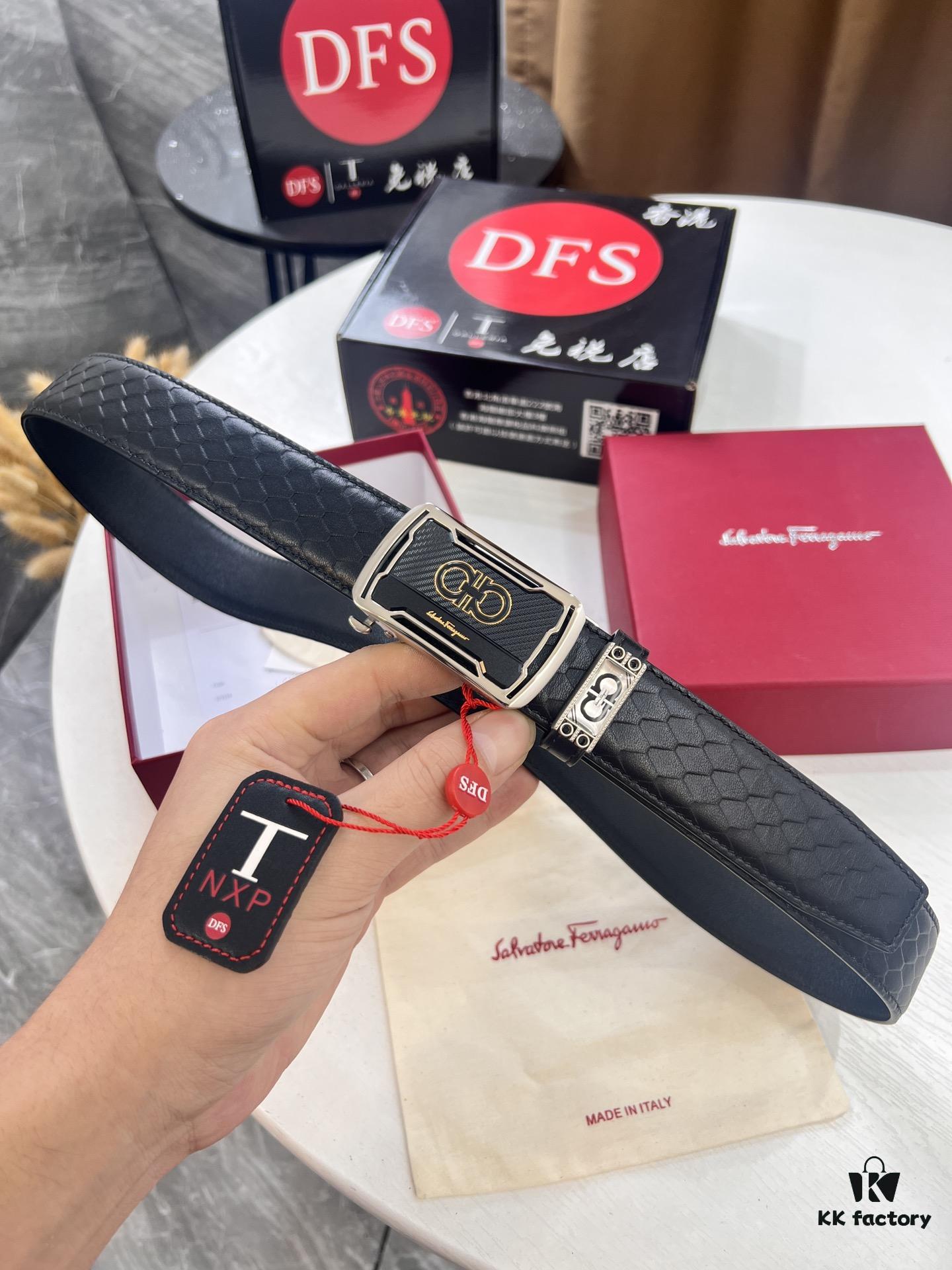 693200573a89a121ed54fffa Arrival of Salvatore Ferragamo Men's Automatic Series Leather Belt with ZP Mold, 8-Shaped Beveled Pattern, Genuine Top-Layer Calfskin, Steel Hardware, 3.5 cm Width