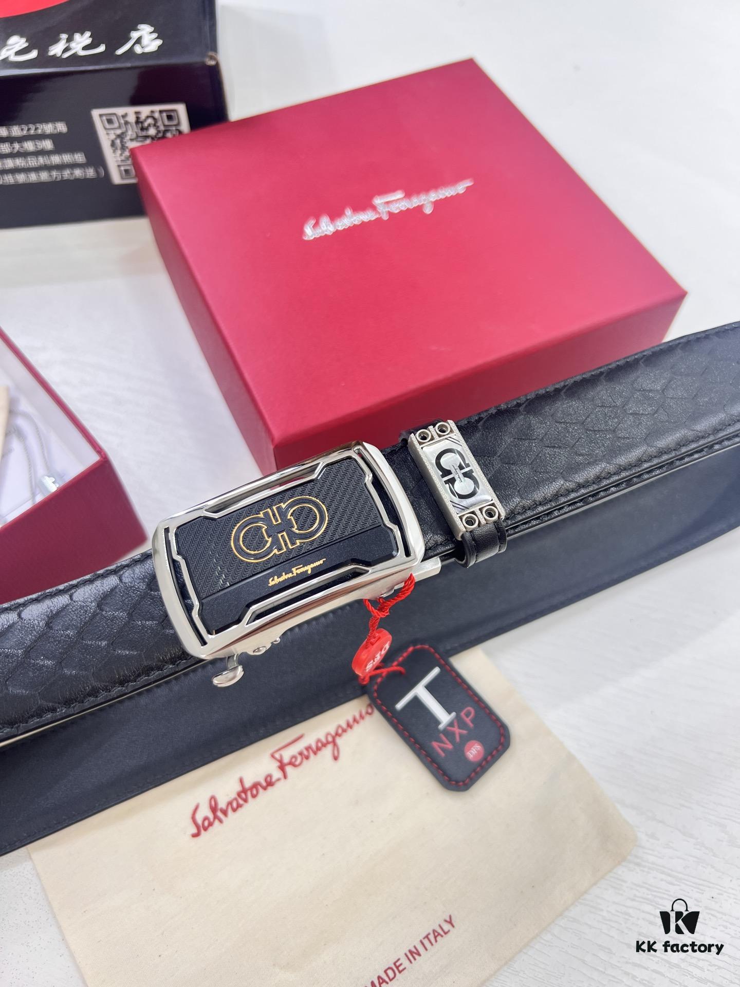 693200573a89a121ed54fffb Arrival of Salvatore Ferragamo Men's Automatic Series Leather Belt with ZP Mold, 8-Shaped Beveled Pattern, Genuine Top-Layer Calfskin, Steel Hardware, 3.5 cm Width
