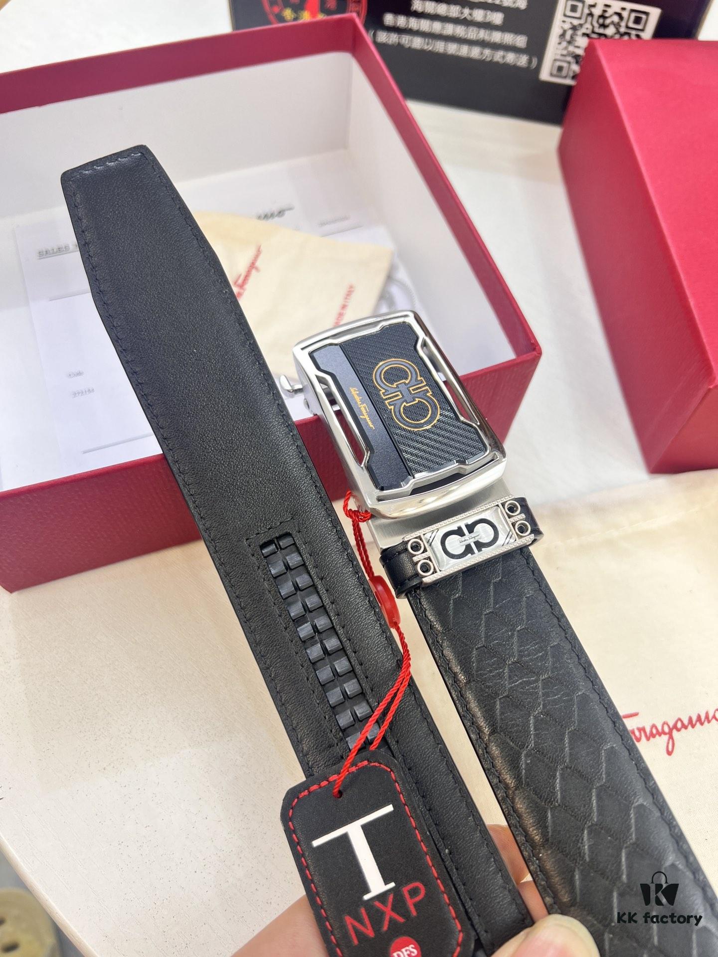 693200573a89a121ed54fffc Arrival of Salvatore Ferragamo Men's Automatic Series Leather Belt with ZP Mold, 8-Shaped Beveled Pattern, Genuine Top-Layer Calfskin, Steel Hardware, 3.5 cm Width